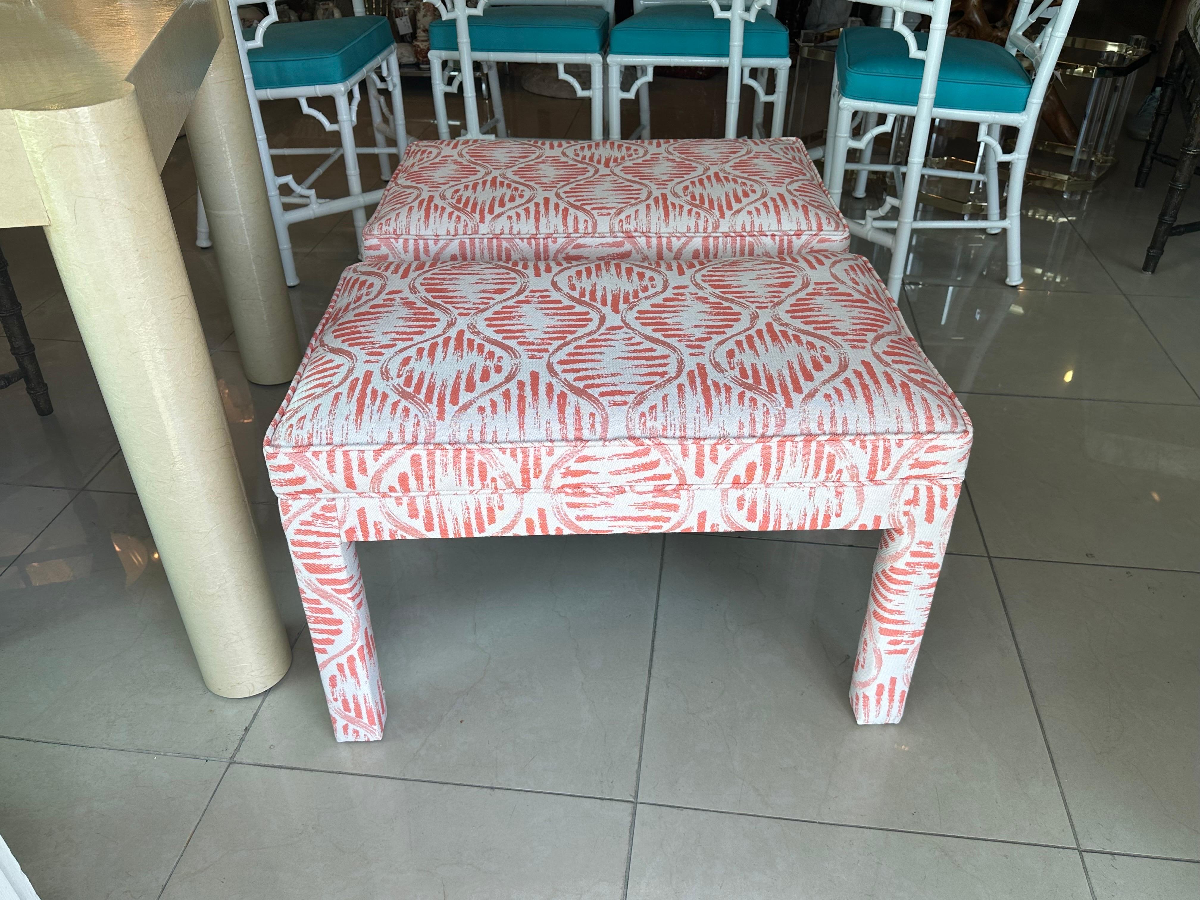 Upholstery Vintage Pair of Newly Upholstered Coral Parsons Benches Ottomans Stools For Sale