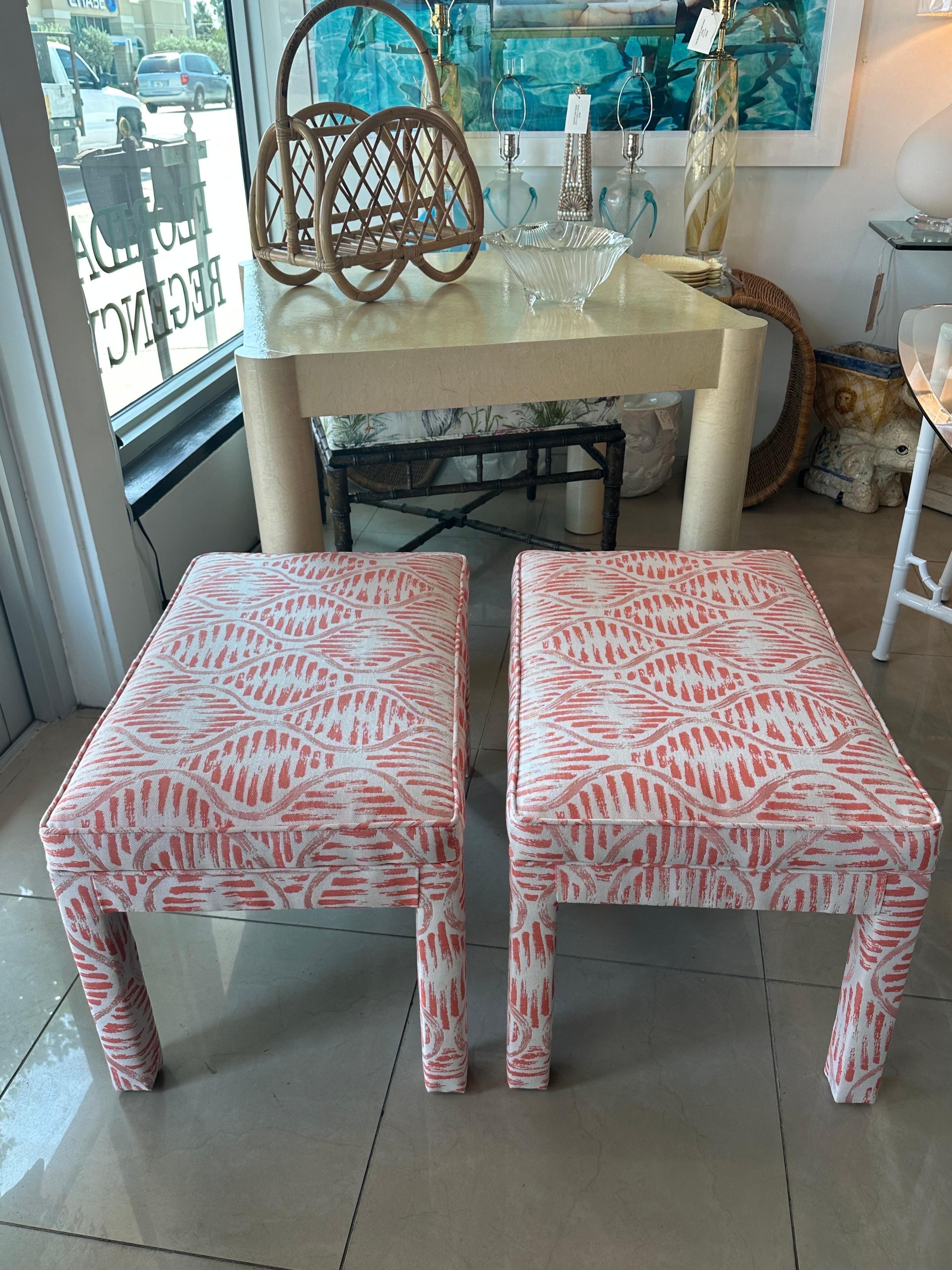 Vintage Pair of Newly Upholstered Coral Parsons Benches Ottomans Stools For Sale 1