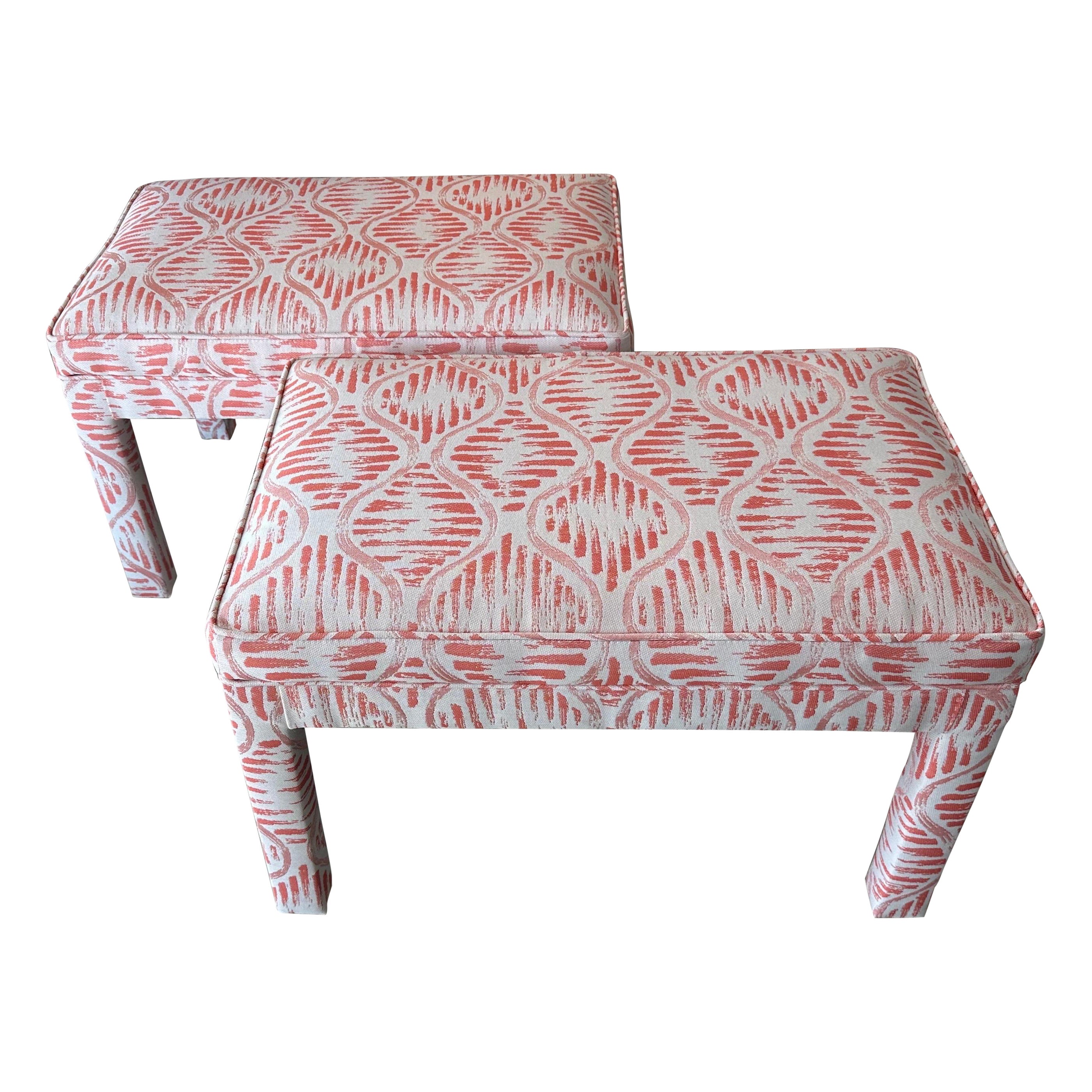 Vintage Pair of Newly Upholstered Coral Parsons Benches Ottomans Stools