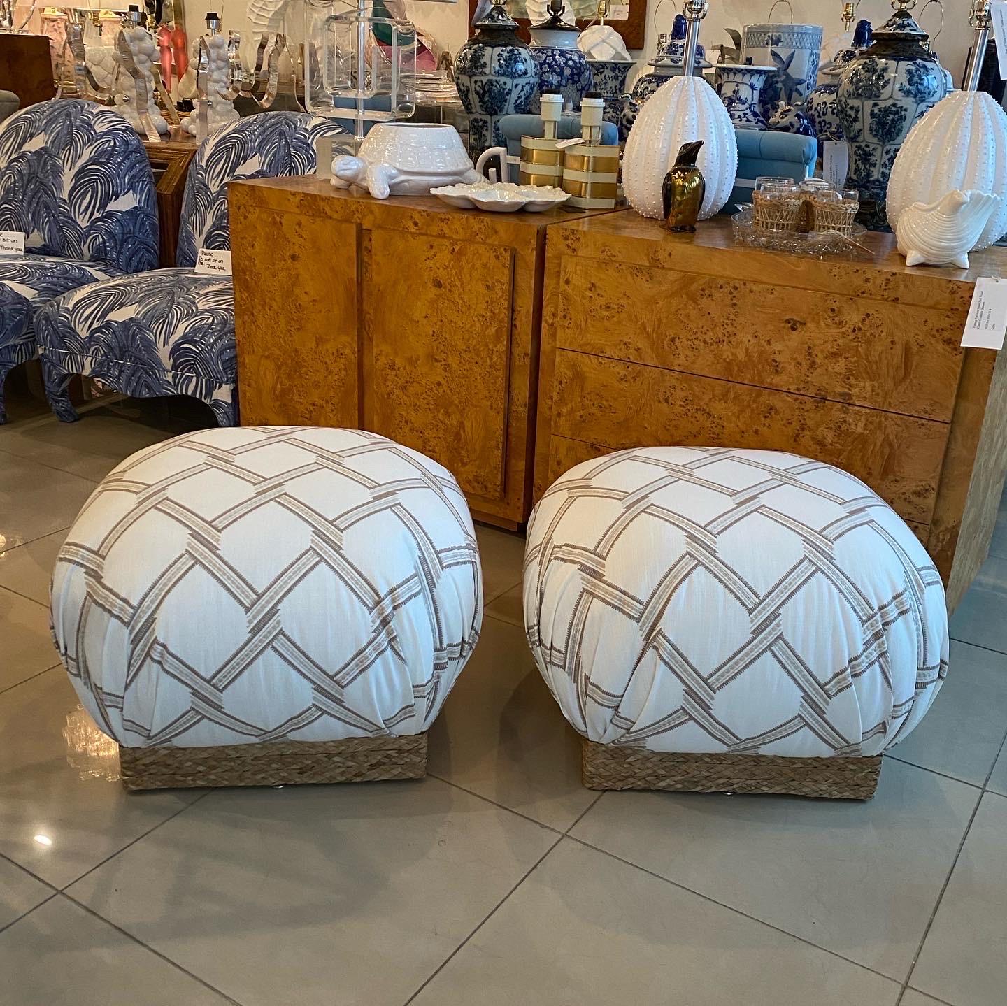 Vintage Pair of Newly Upholstered Large Poufs Seagrass Base Stools Benches 5