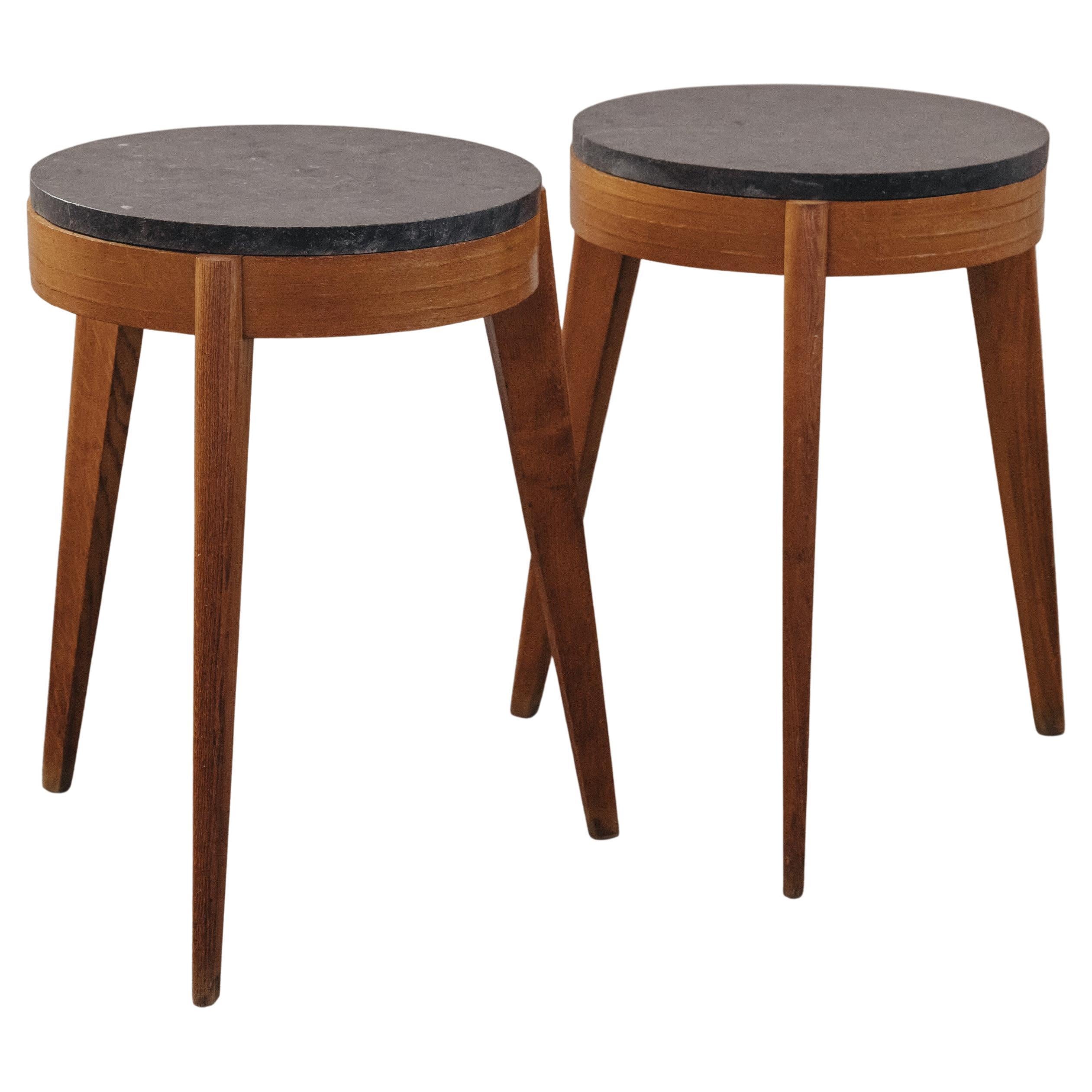 Vintage Pair Of Oak And Bluestone Side Tables From France, Circa 1960