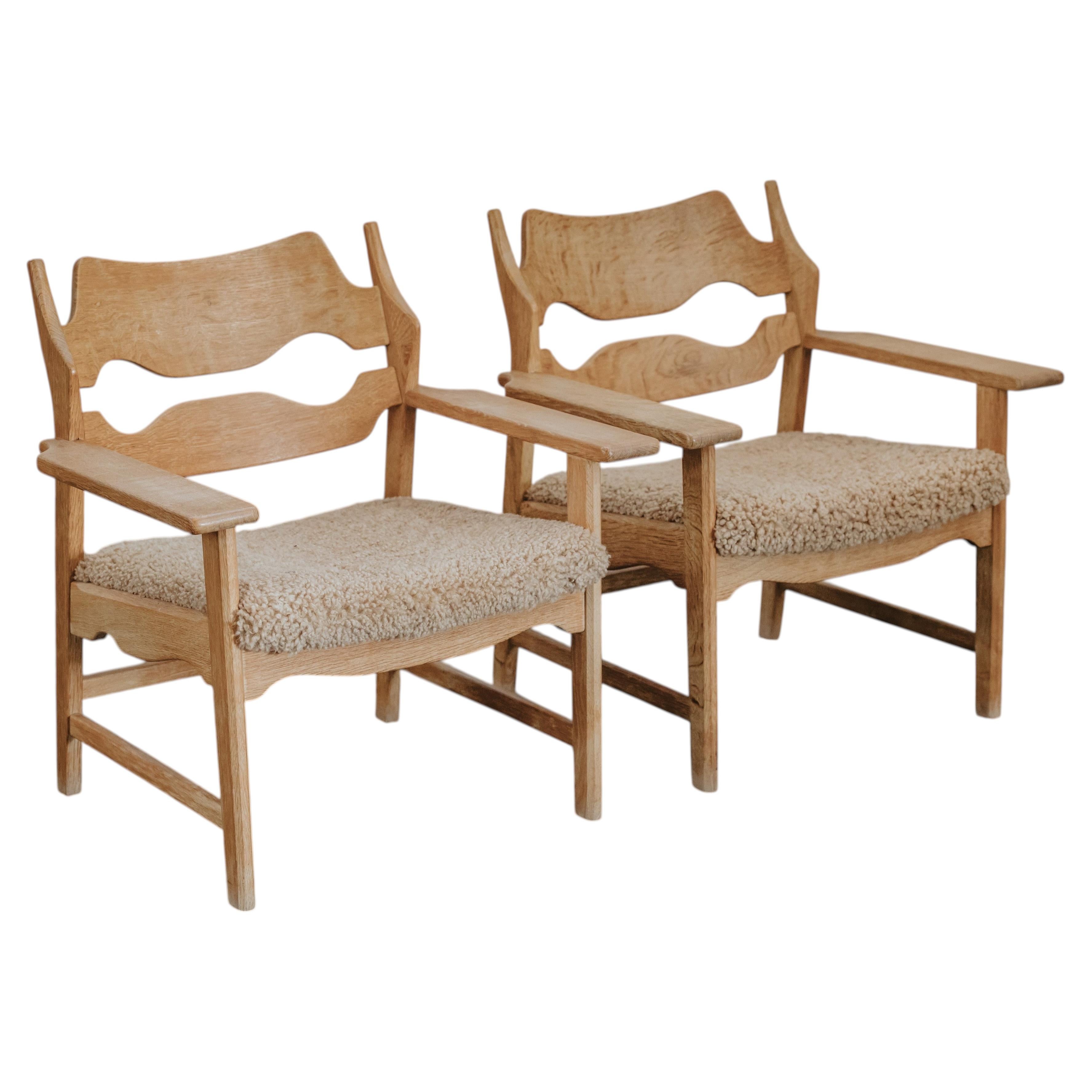 Vintage Pair Of Oak And Shearling Razor Lounge Chairs From Denmark, Circa 1970