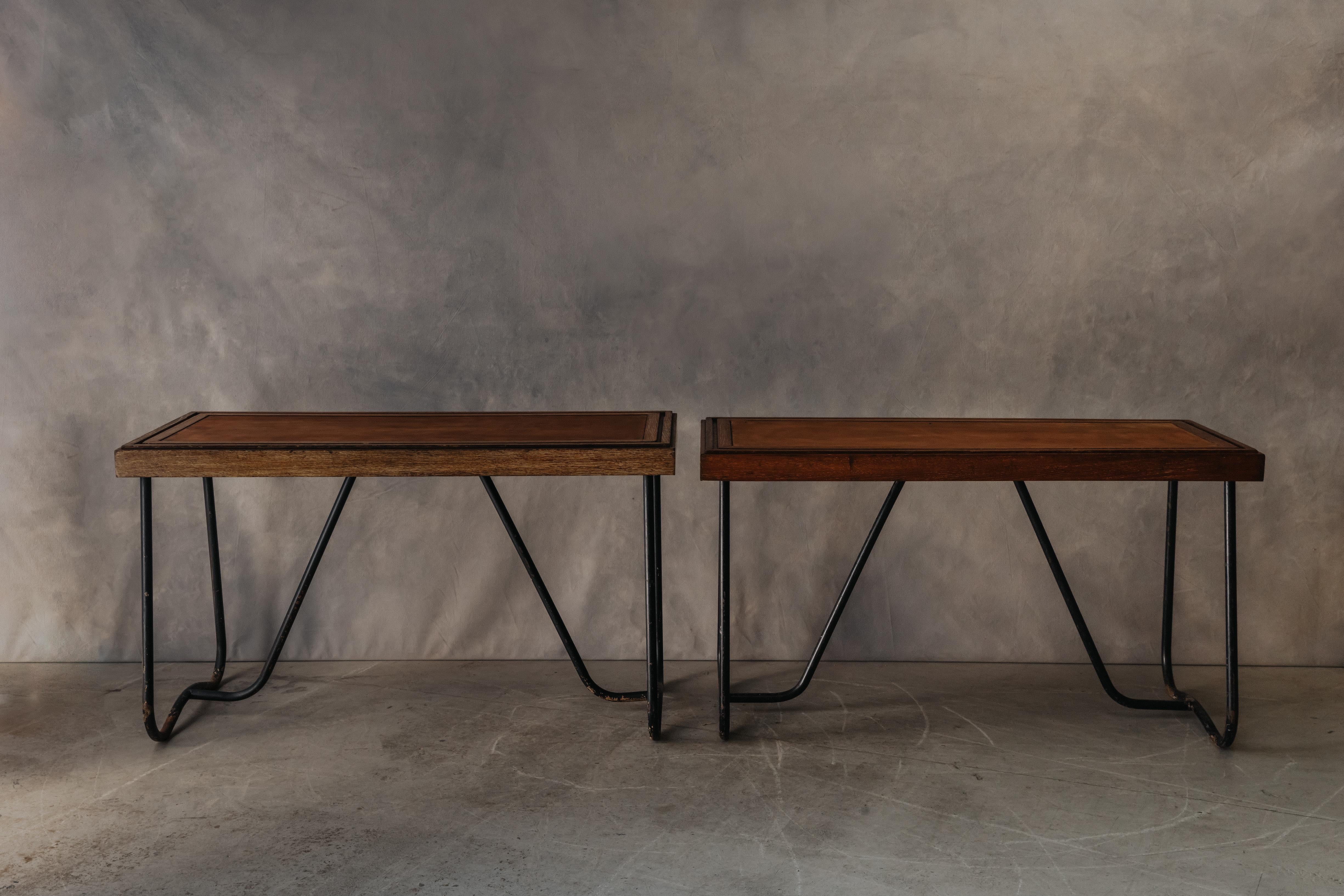 Vintage Pair Of Oak And Steel Console Tables From France, Circa 1960.  Oak surface and base with great patina and use.  Great from display.  One console measures .5
