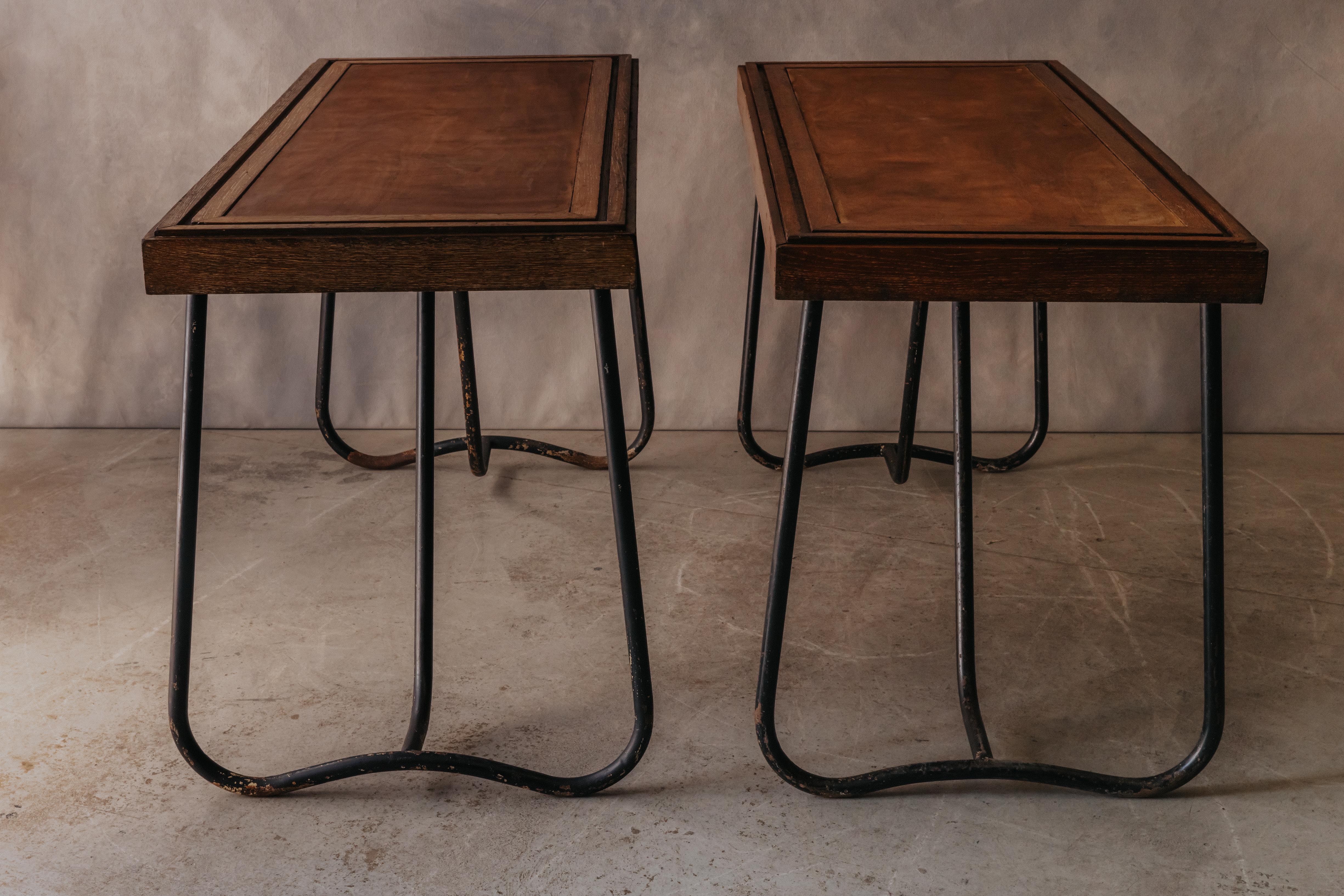 Vintage Pair Of Oak And Steel Console Tables From France, Circa 1960 2