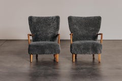 Vintage Pair Of Oak Cabinetmaker Chairs In Shearling From Denmark, Circa 1950