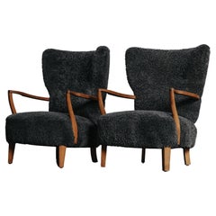 Vintage Pair Of Oak Cabinetmaker Chairs In Shearling From Denmark, Circa 1950