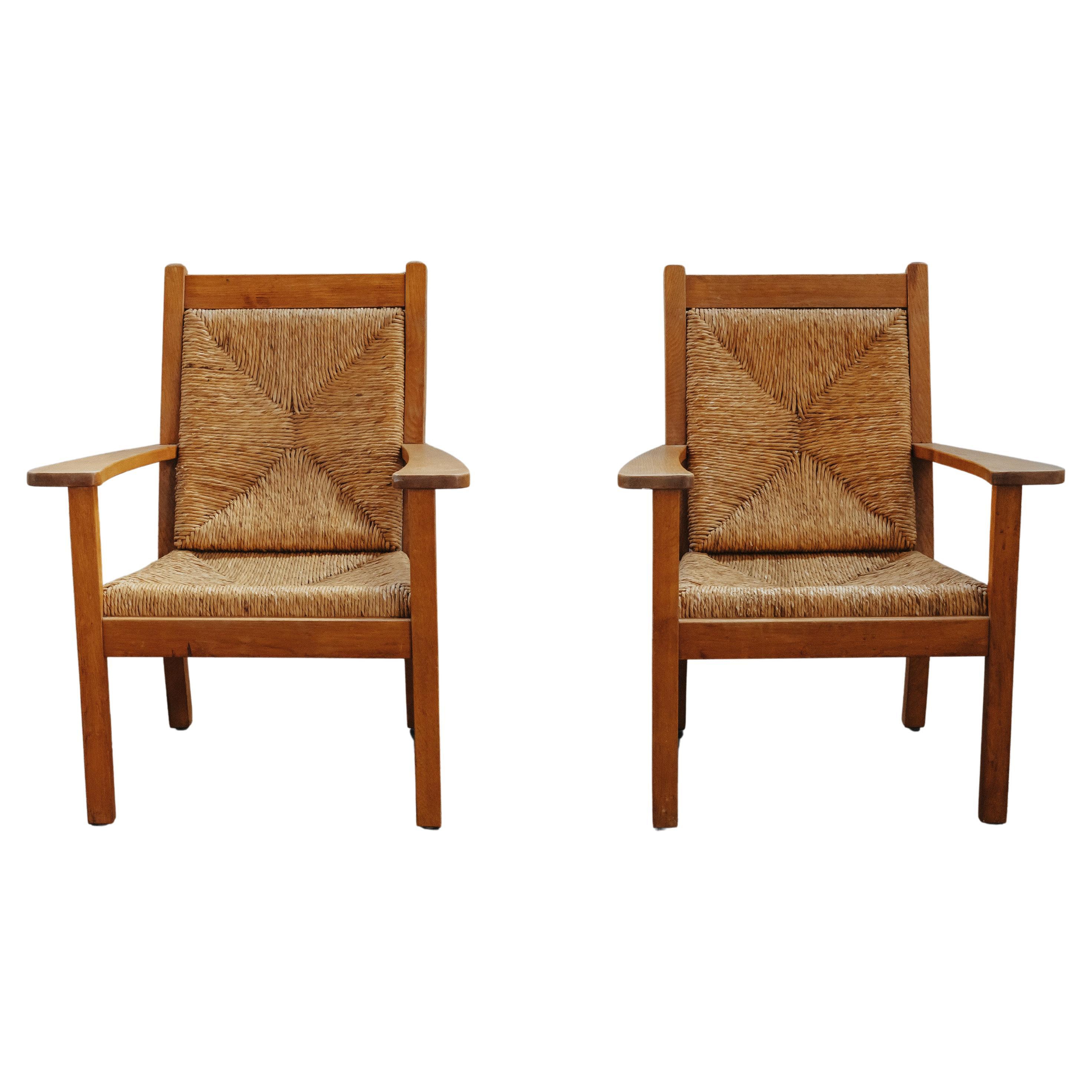 Vintage Pair Of Oak Lounge Chairs From France, Circa 1970
