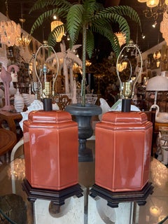 Vintage Pair of Orange Chinoiserie Ceramic Table Lamps Newly Wired