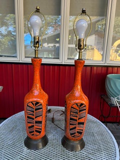Vintage Pair of Orange Textured Ceramic Table Lamps Mid-Century Modern
