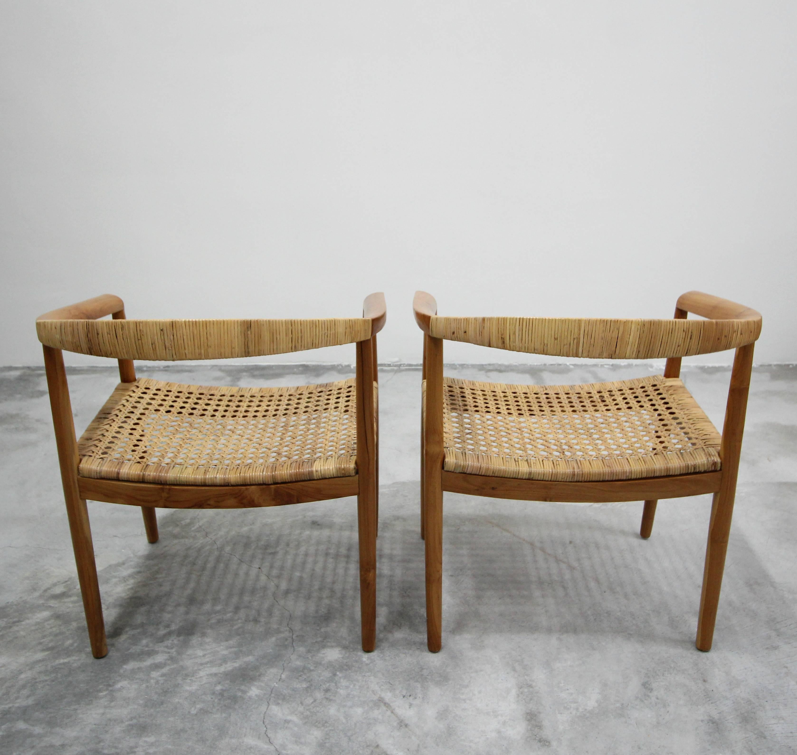 Vintage Pair of Oversized Danish Style Teak and Cane Round Back Side Chairs In Excellent Condition In Las Vegas, NV
