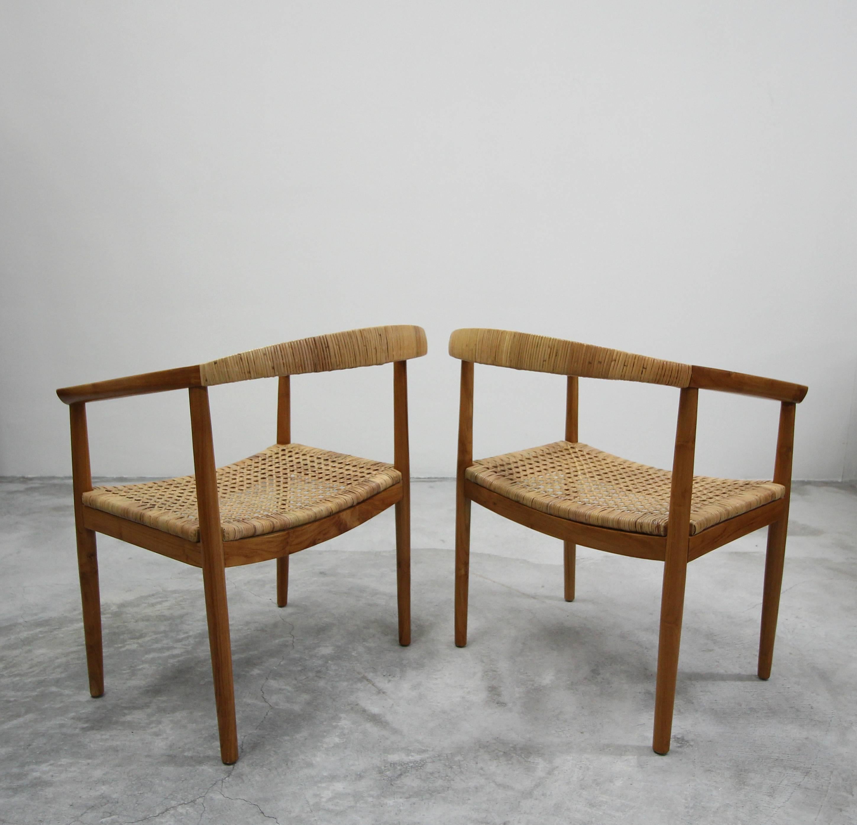 Vintage Pair of Oversized Danish Style Teak and Cane Round Back Side Chairs 1