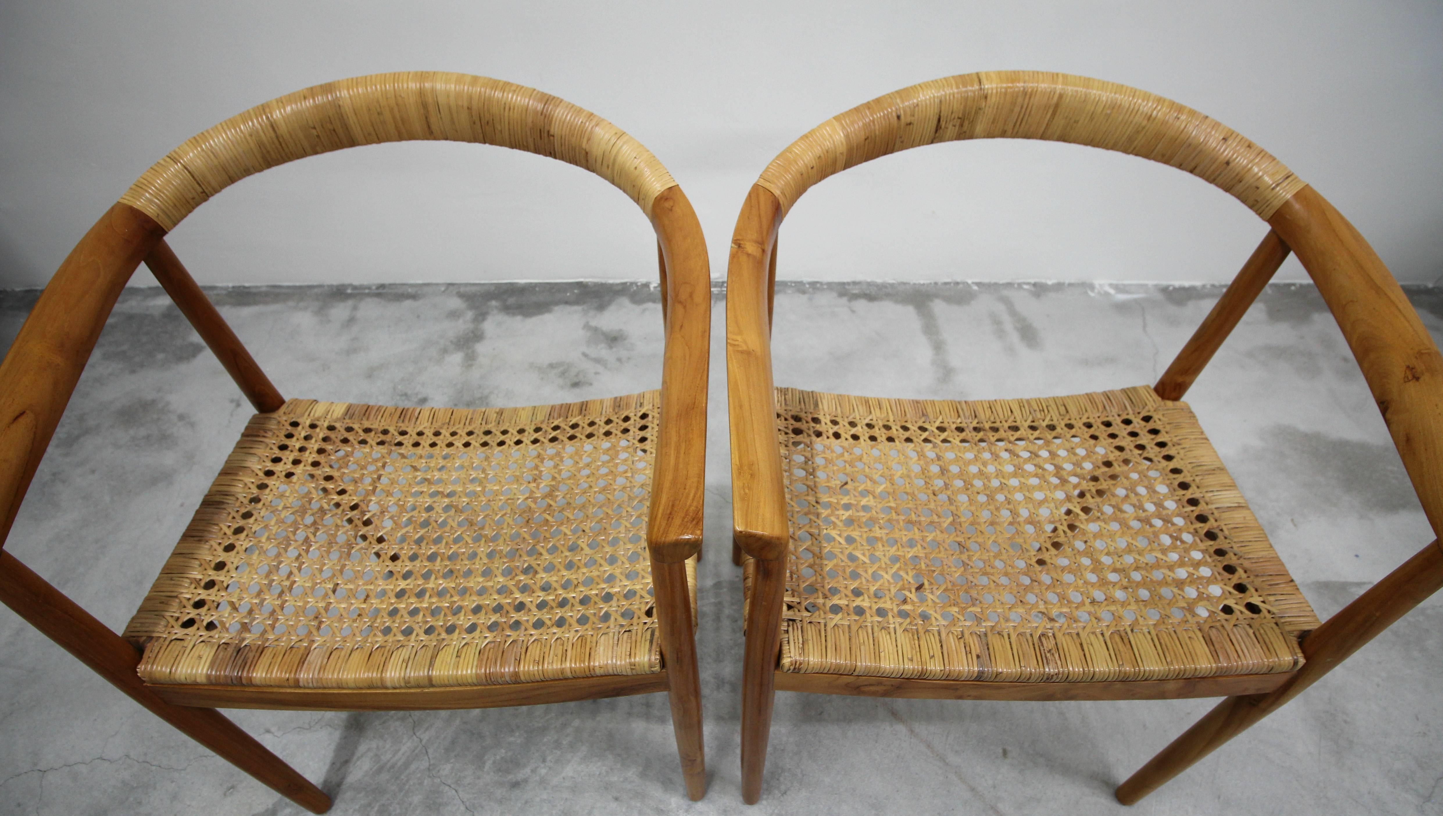 Vintage Pair of Oversized Danish Style Teak and Cane Round Back Side Chairs 2