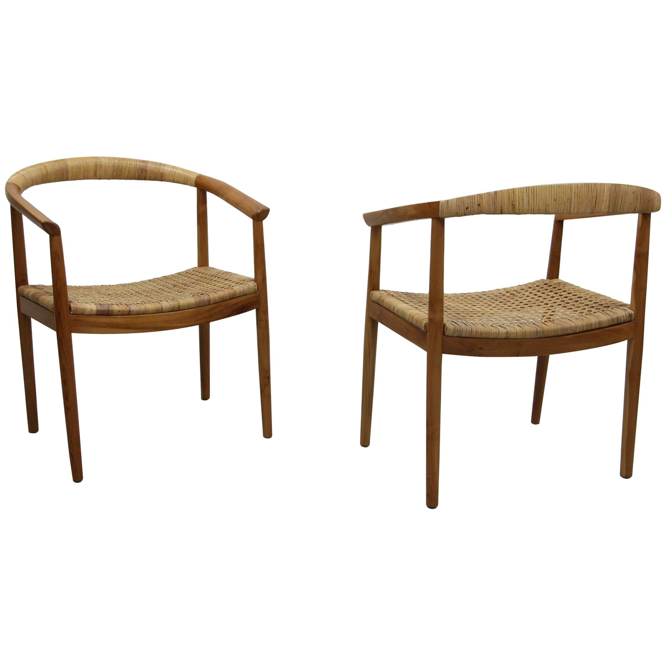 Vintage Pair of Oversized Danish Style Teak and Cane Round Back Side Chairs