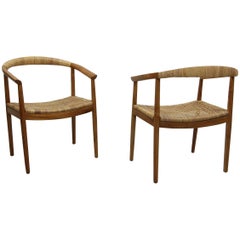 Vintage Pair of Oversized Danish Style Teak and Cane Round Back Side Chairs