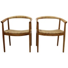 Vintage Pair of Oversized Danish Style Teak and Cane Round Back Side Chairs