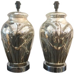 Vintage Pair of Oversized Mercury Glass Lamps with Sheaf of Wheat Relief