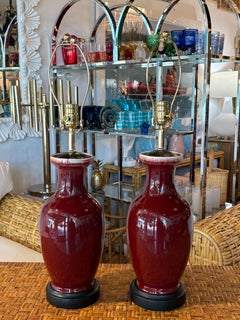Vintage Pair of Oxblood Red Flambe Porcelain Chinoiserie Table Lamps Newly Wired