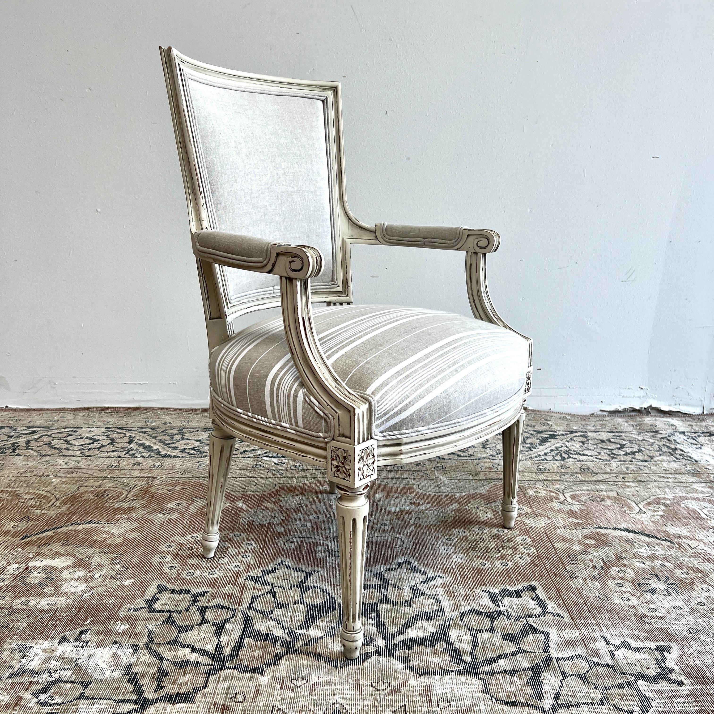 Vintage Pair of Painted and Upholstered French Louis XVI Style Open Arm Chairs In Good Condition For Sale In Brea, CA