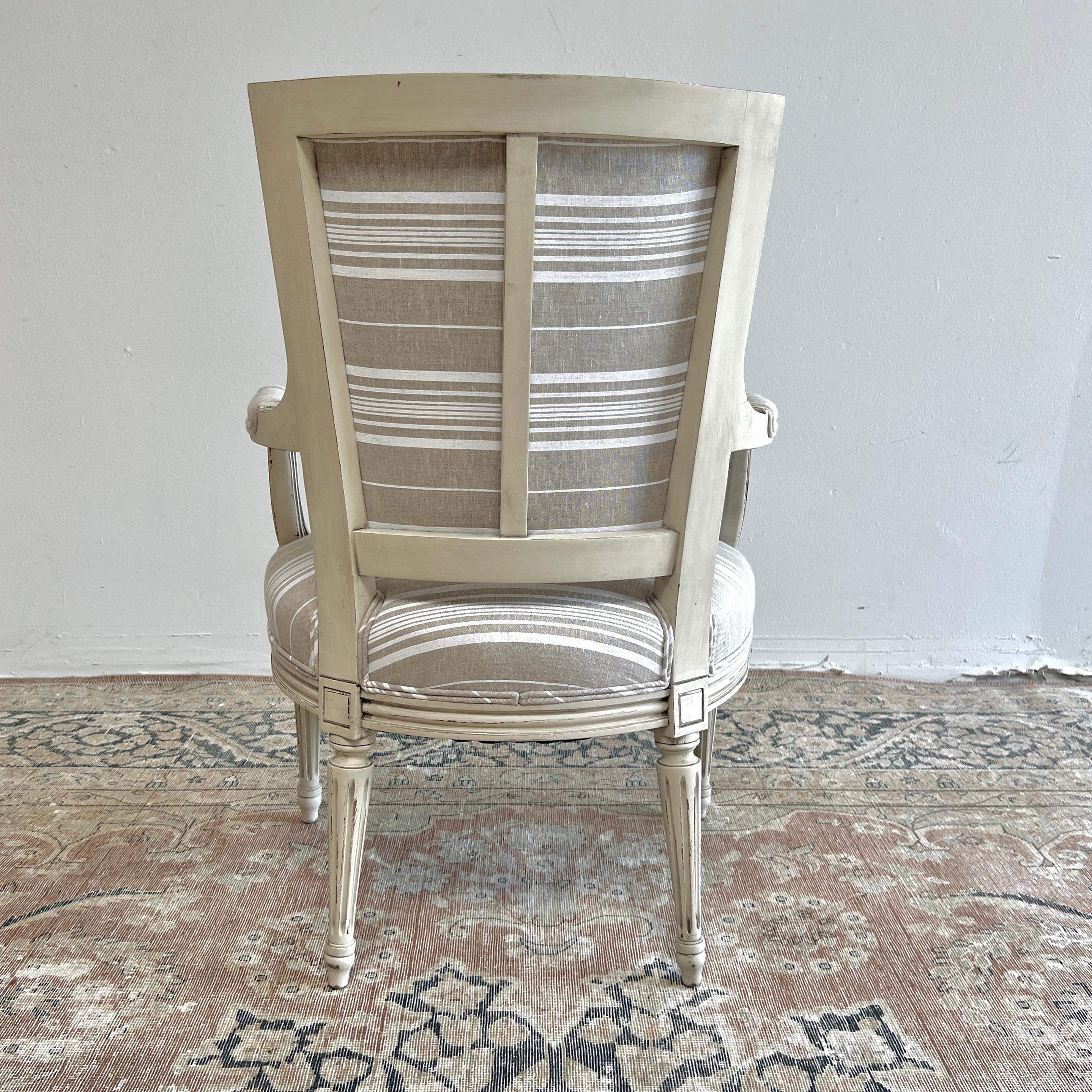 Linen Vintage Pair of Painted and Upholstered French Louis XVI Style Open Arm Chairs For Sale