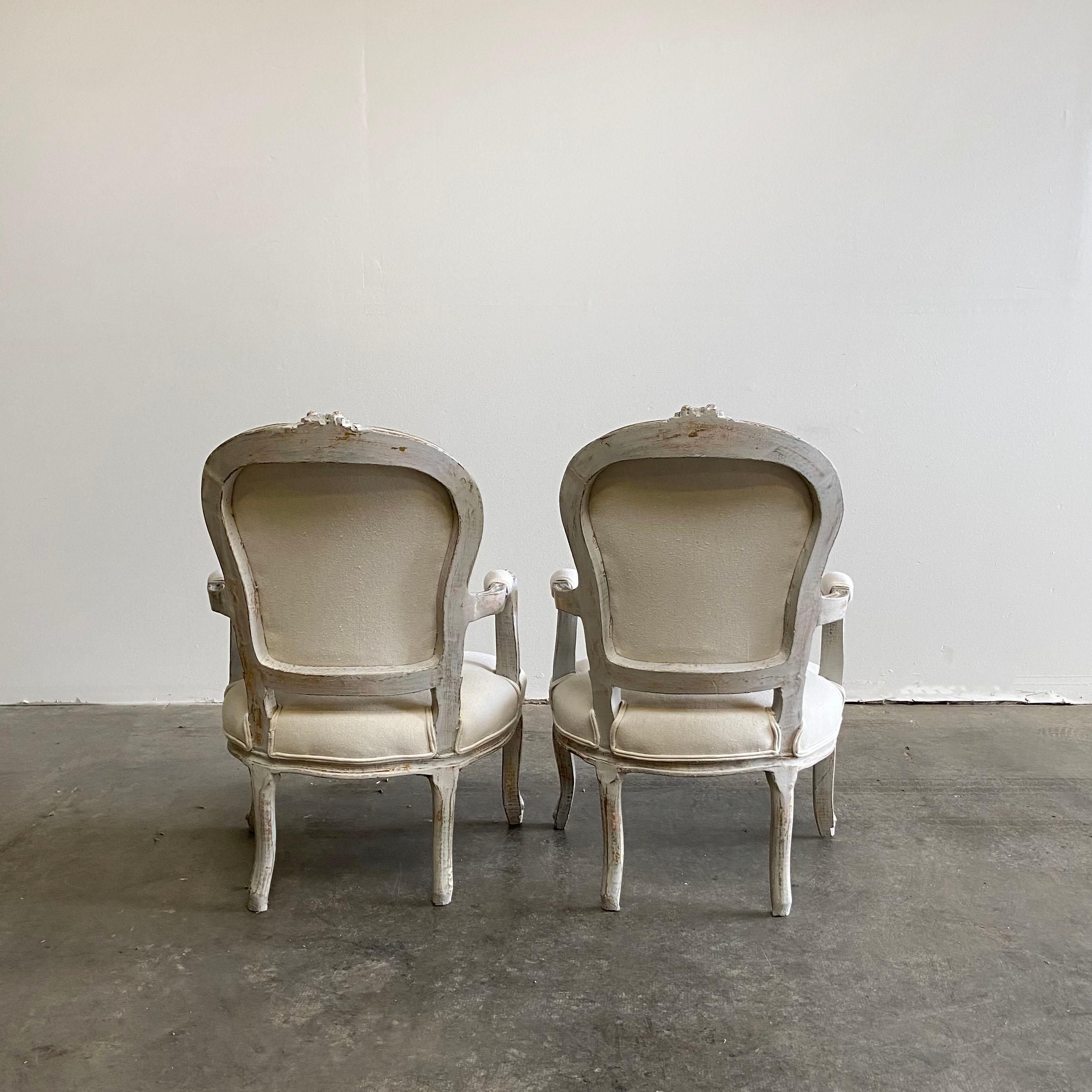 Vintage Pair of Painted and Upholstered Louis XV Style Open Armchairs In Good Condition For Sale In Brea, CA