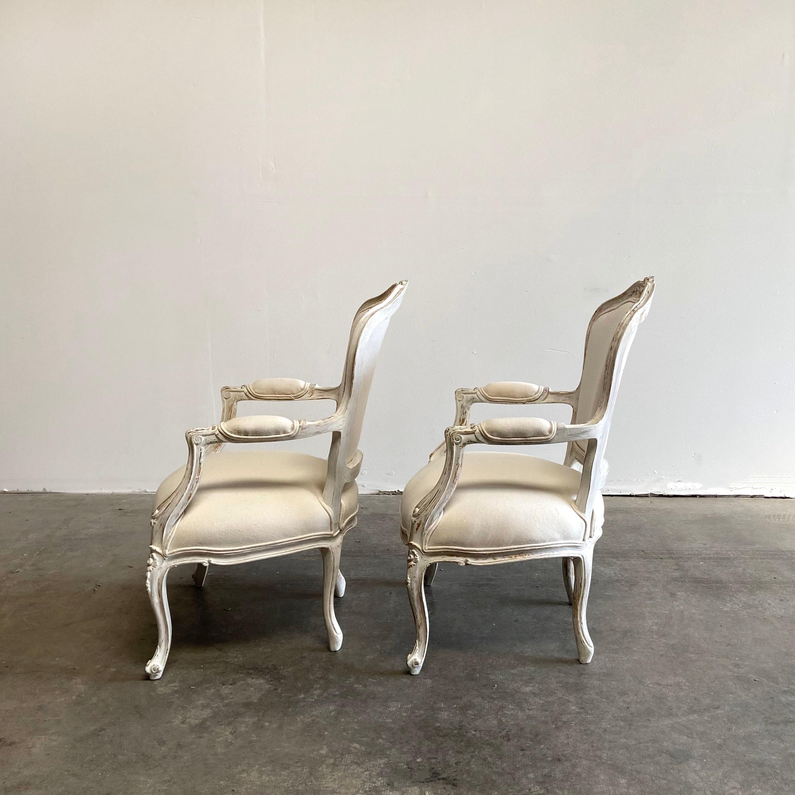 Vintage Pair of Painted and Upholstered Louis XV Style Open Armchairs In Good Condition In Brea, CA