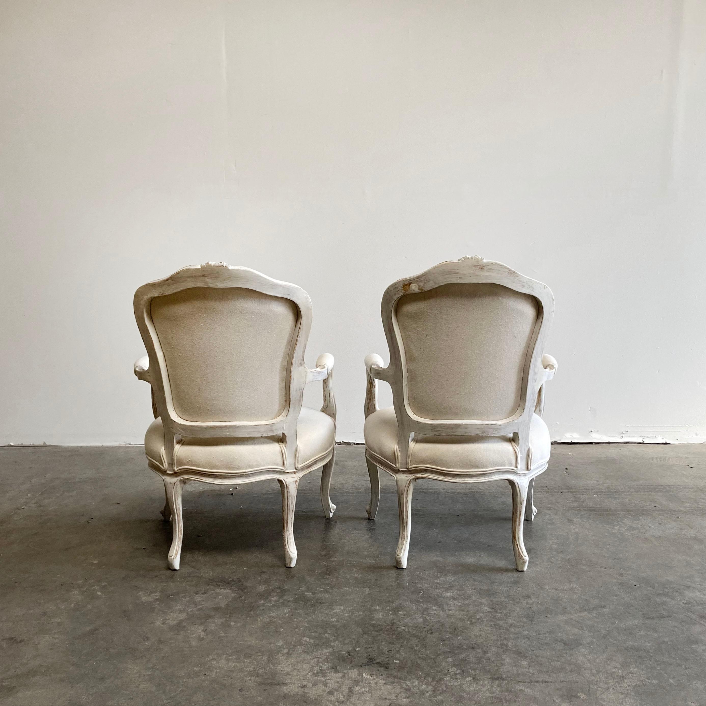 20th Century Vintage Pair of Painted and Upholstered Louis XV Style Open Armchairs