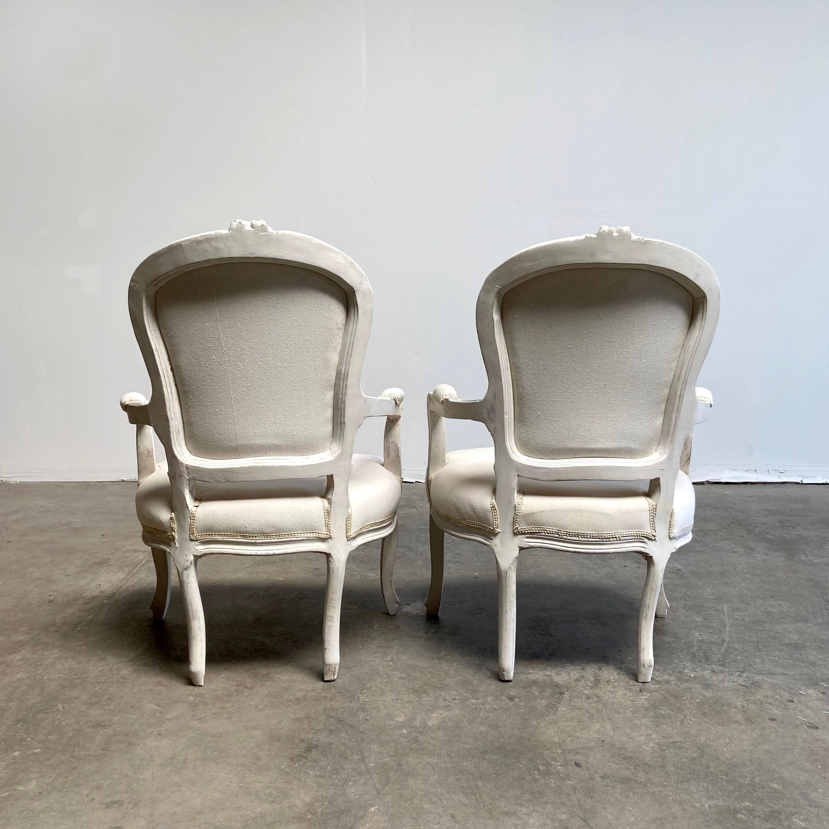 20th Century Vintage Pair of Painted and Upholstered Louis XV Style Open Armchairs