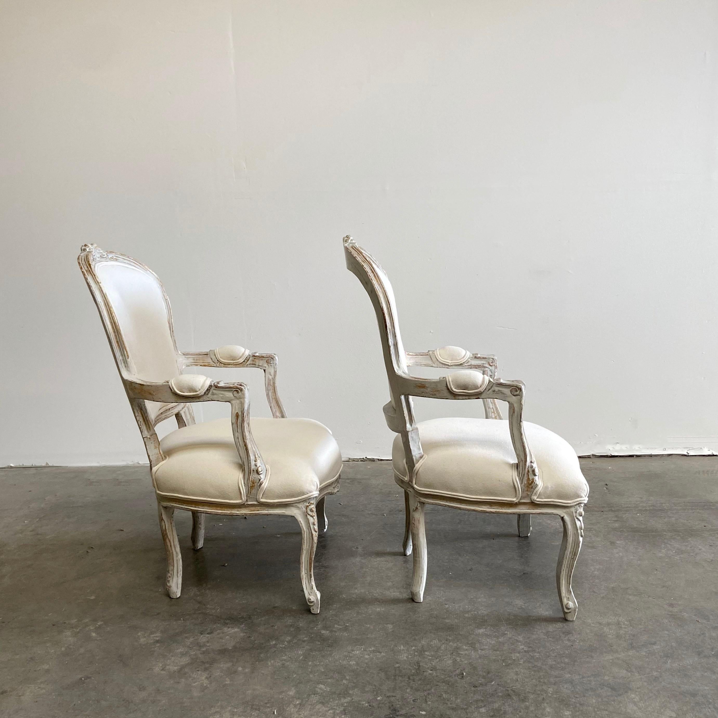 Vintage Pair of Painted and Upholstered Louis XV Style Open Armchairs For Sale 4