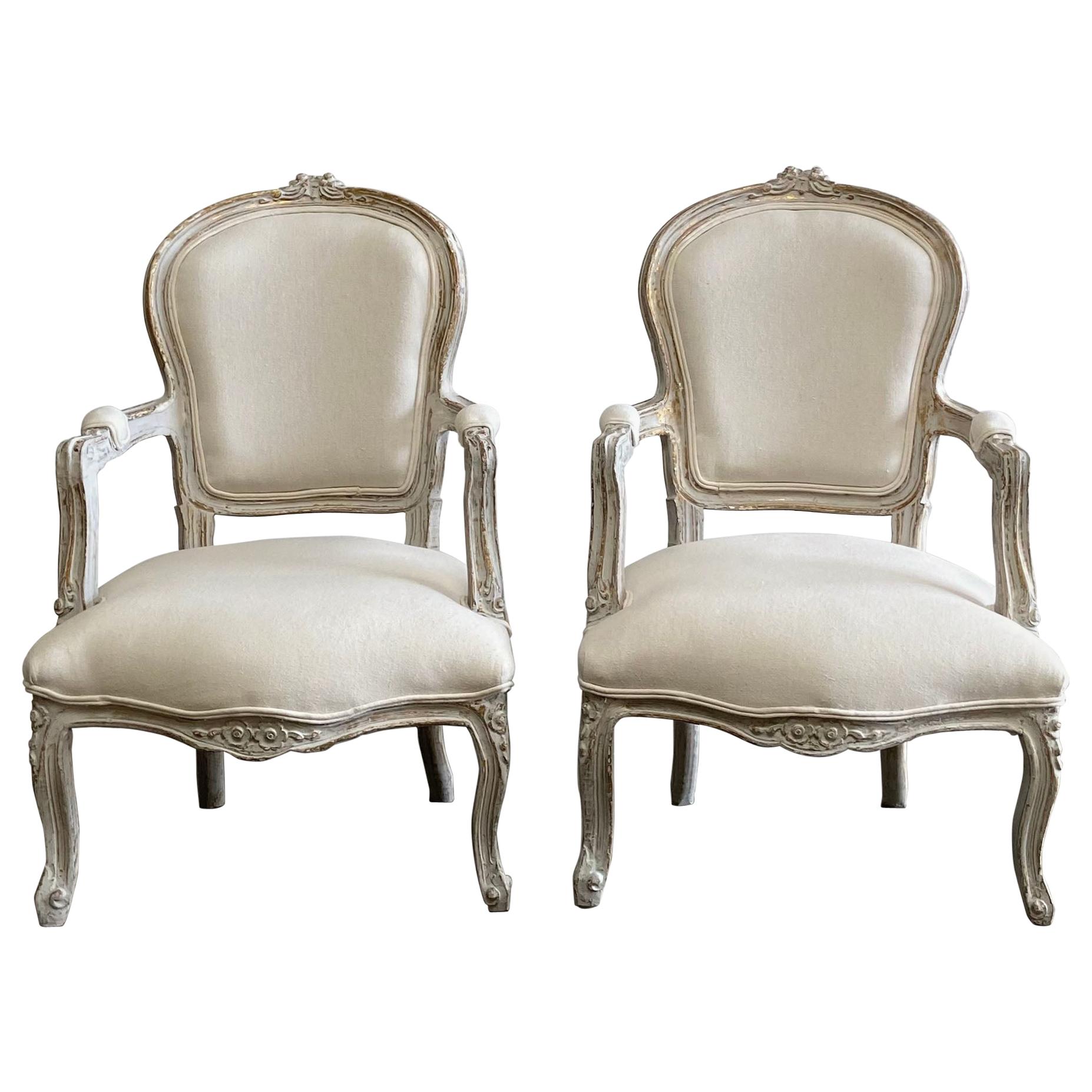 Vintage Pair of Painted and Upholstered Louis XV Style Open Armchairs