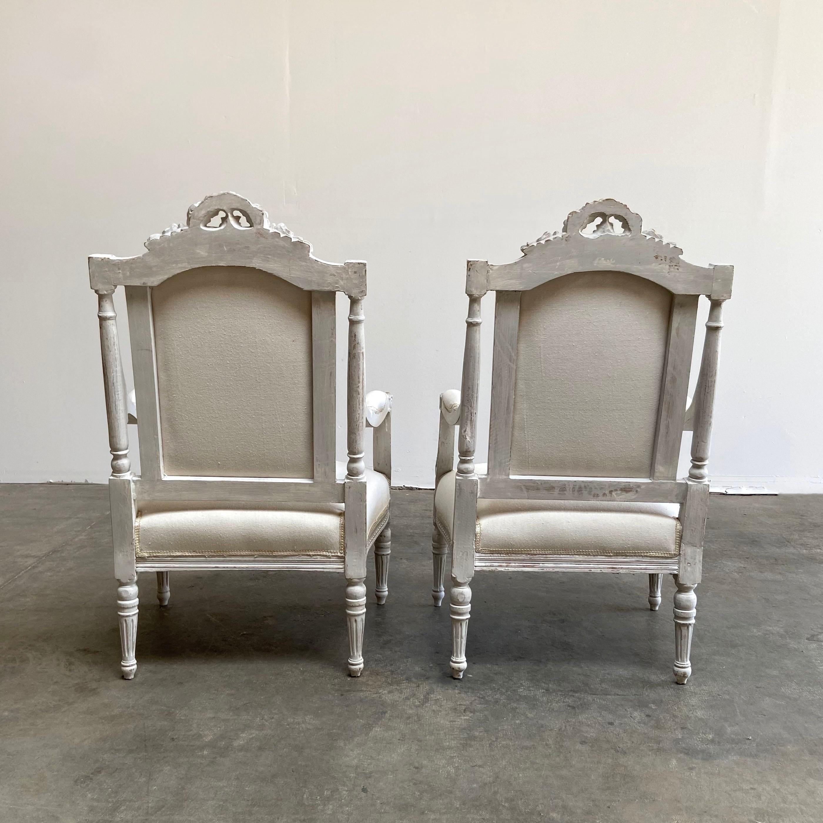 Vintage Pair of Painted and Upholstered Louis XVI Style Carved Chairs In Good Condition In Brea, CA