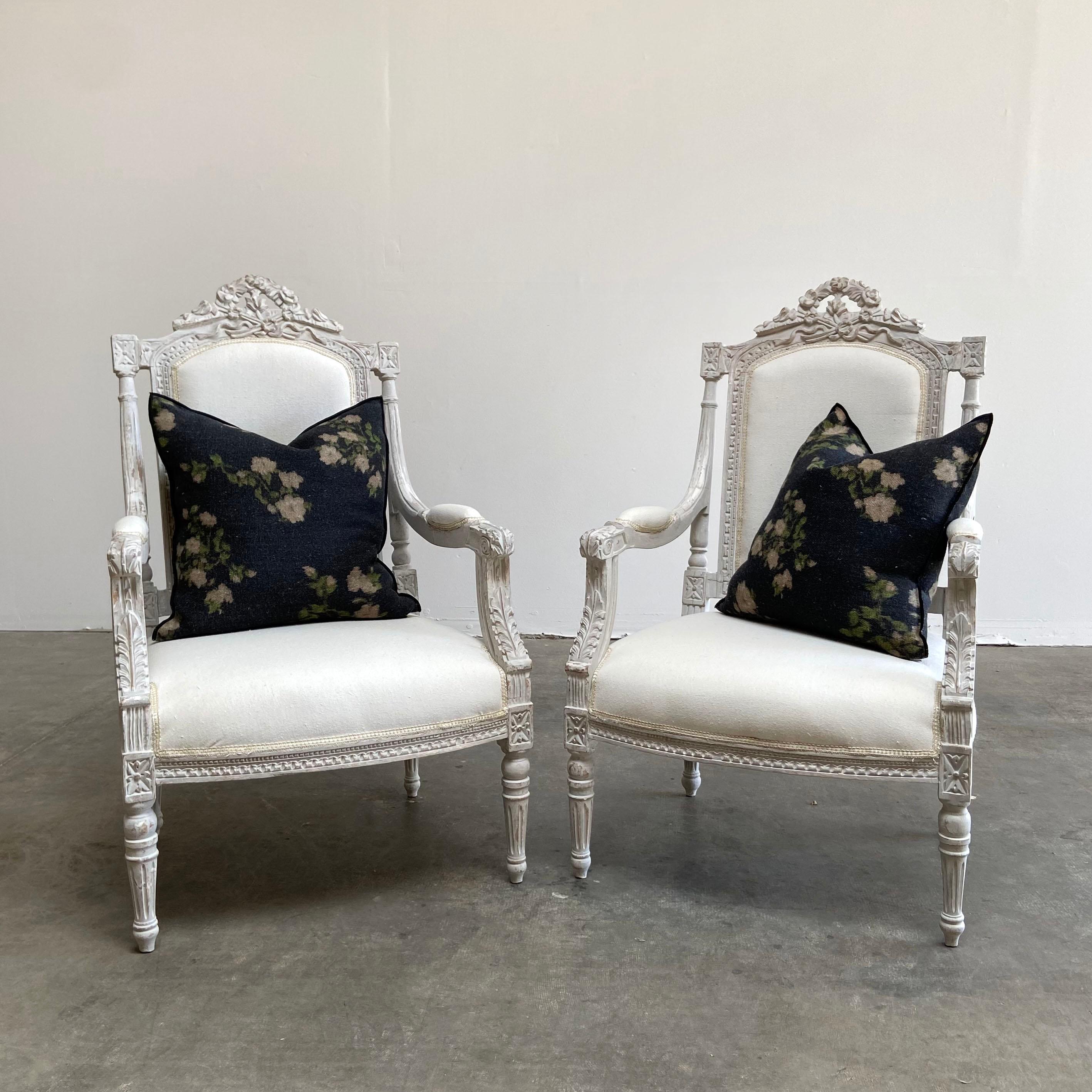 Wood Vintage Pair of Painted and Upholstered Louis XVI Style Carved Chairs