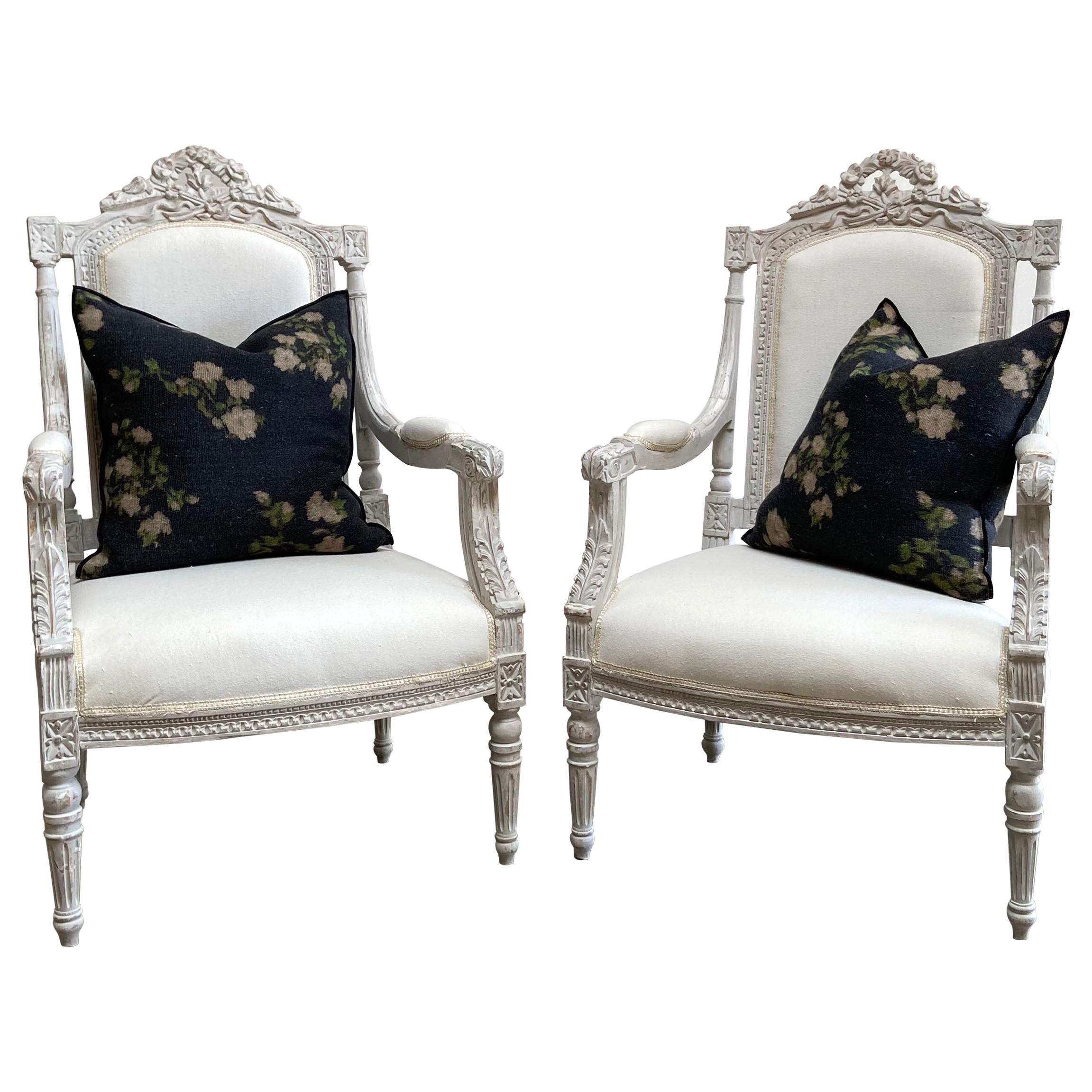 Vintage Pair of Painted and Upholstered Louis XVI Style Carved Chairs