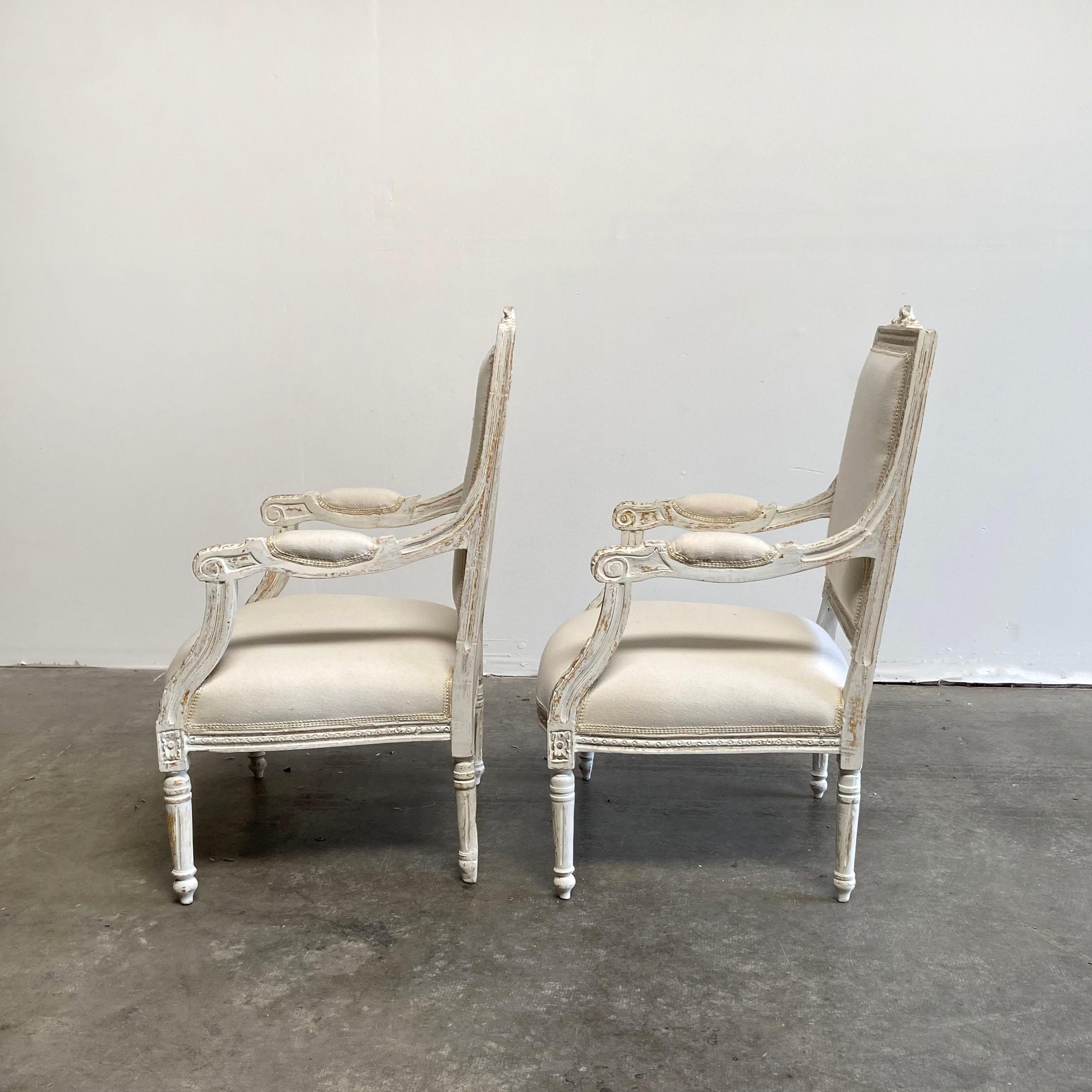 Cotton Vintage Pair of Painted and Upholstered Louis XVI Style Chairs