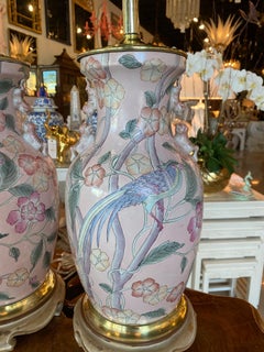 Vintage Pair of Pale Pink Bird Floral Chinoiserie Ginger Jar Table Lamps