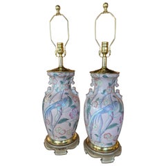 Vintage Pair of Pale Pink Bird Floral Chinoiserie Ginger Jar Table Lamps