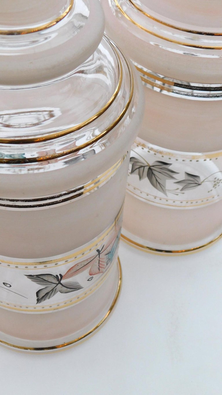 Vintage Pair of PalePink Frosted Glass Apothecary Jars with Foliate