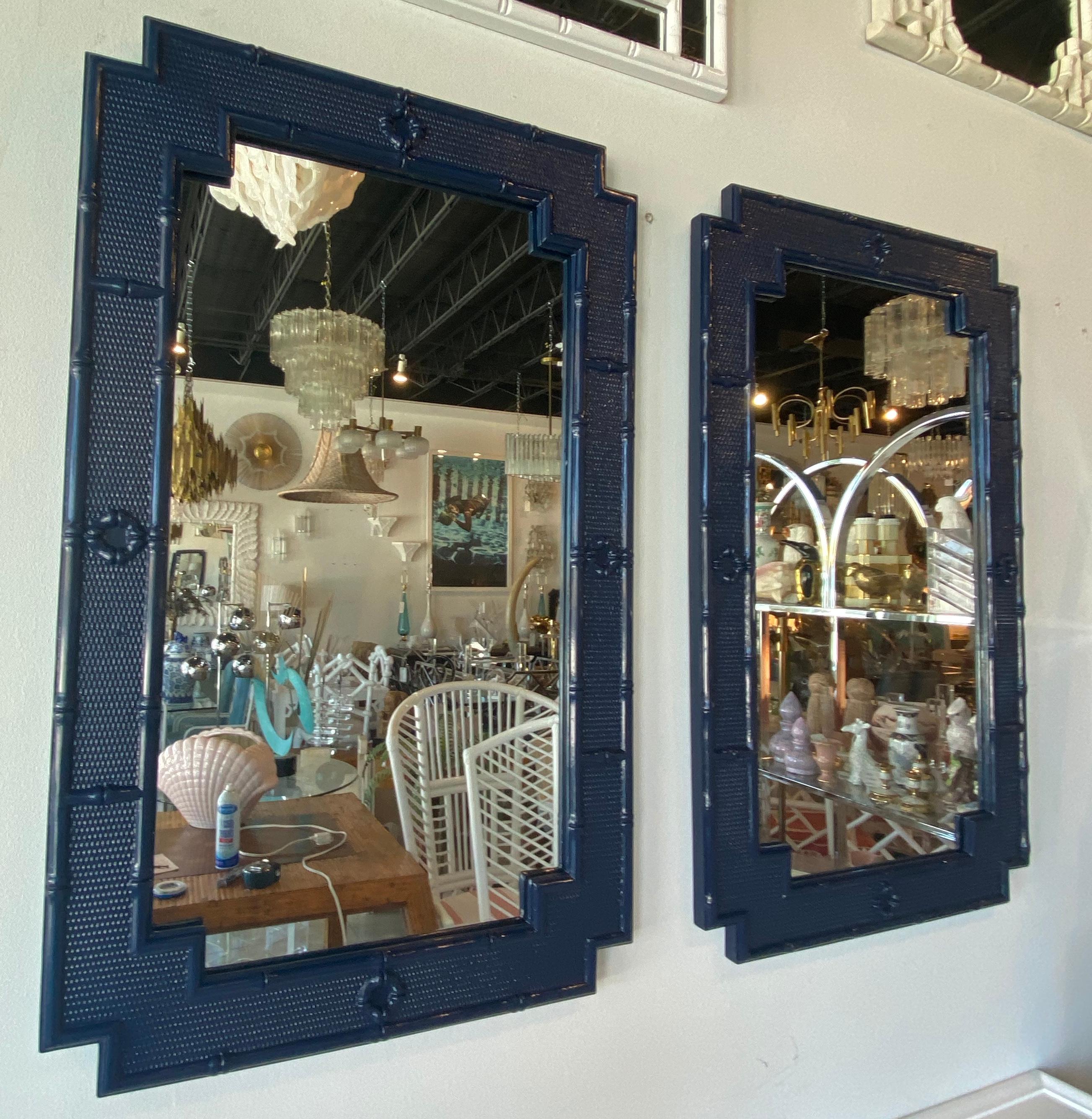 Vintage Pair of Palm Beach Faux Bamboo Navy Blue Lacquered Wall Mirrors 6