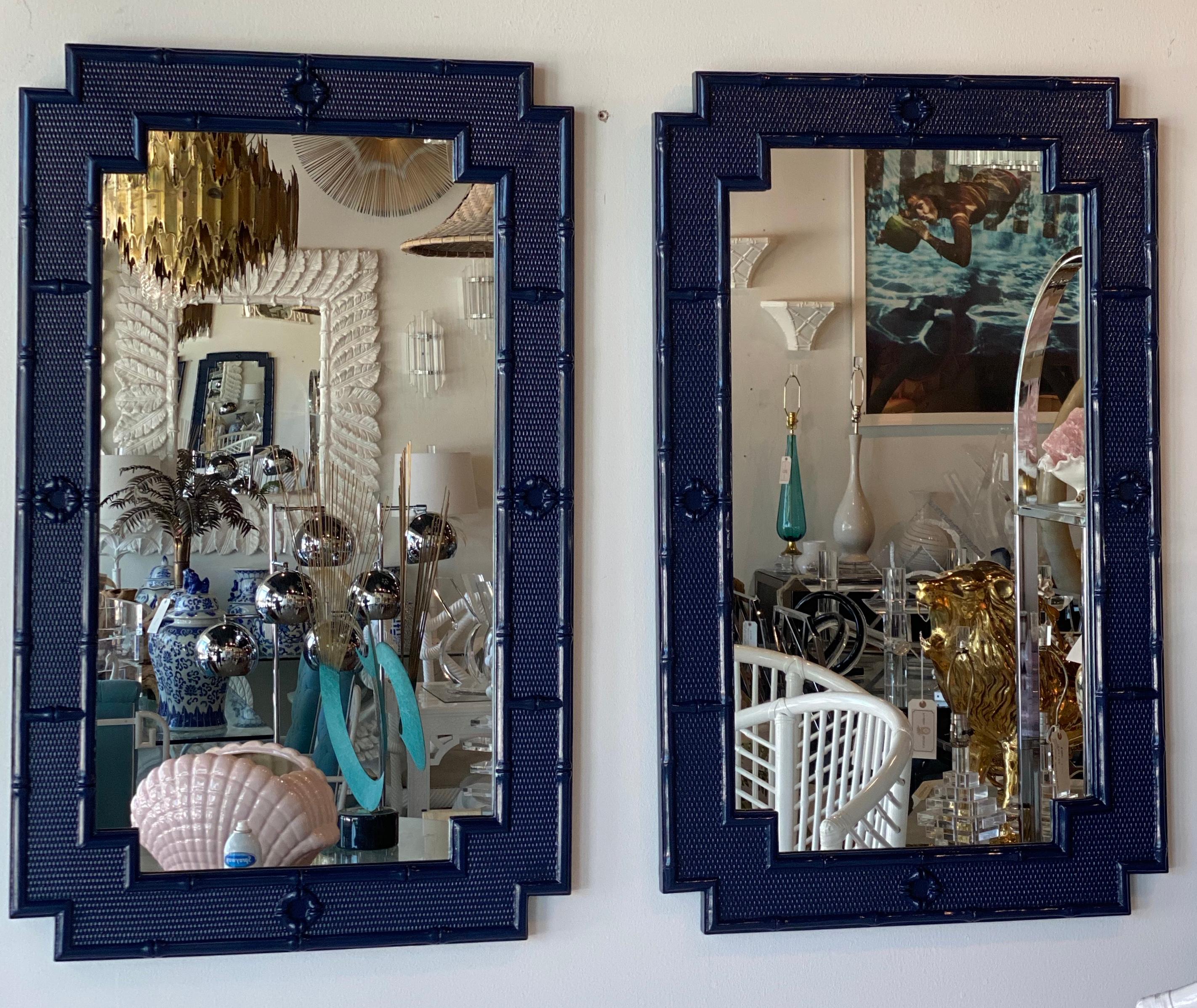 Lovely pair of vintage faux bamboo wall mirrors. They come ready to hang. Newly lacquered in a navy blue gloss. I have a single if needed instead of a pair.