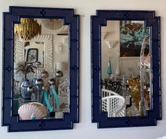 Vintage Pair of Palm Beach Faux Bamboo Navy Blue Lacquered Wall Mirrors