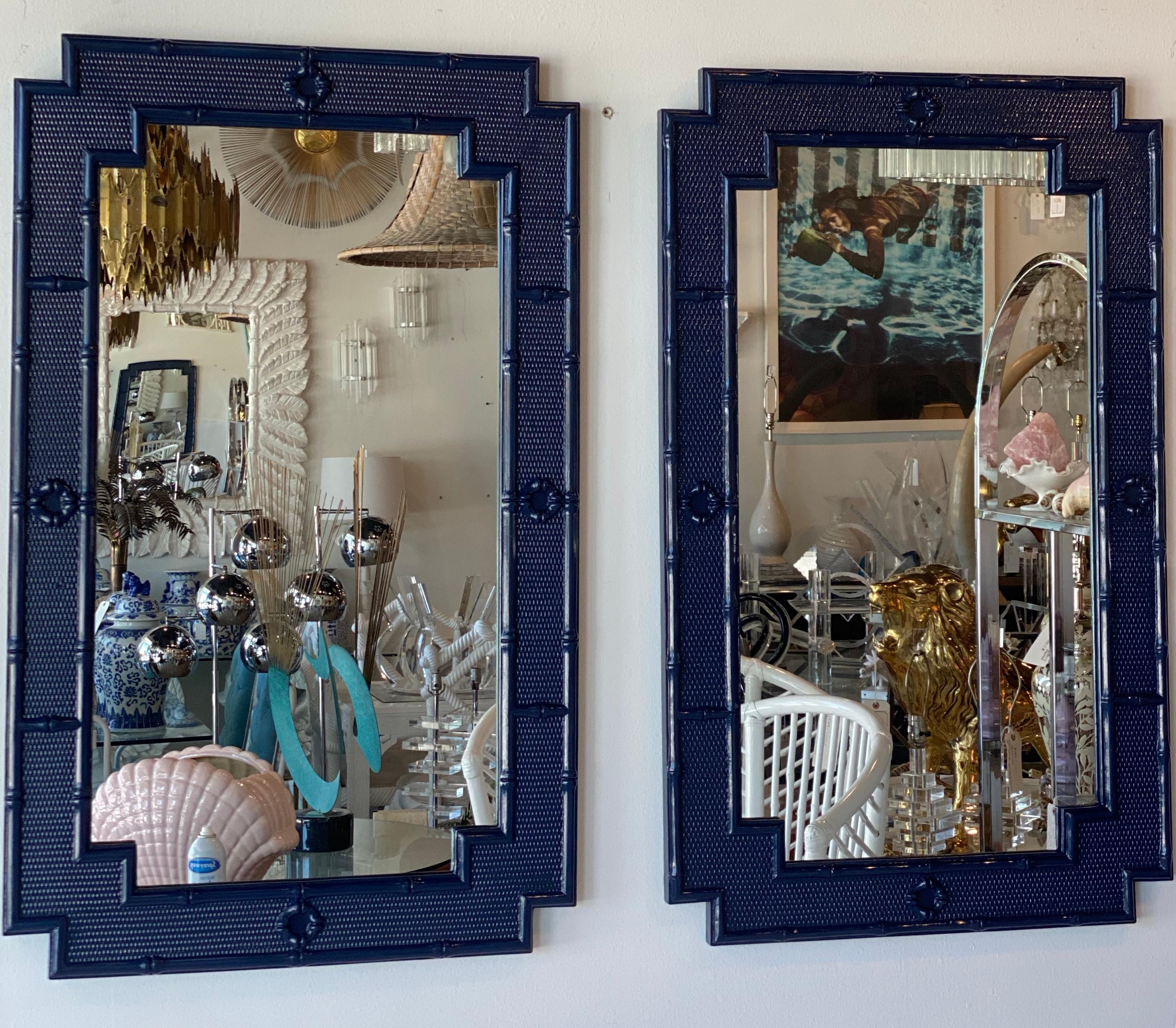 Hollywood Regency Vintage Pair of Palm Beach Faux Bamboo Navy Blue Lacquered Wall Mirrors