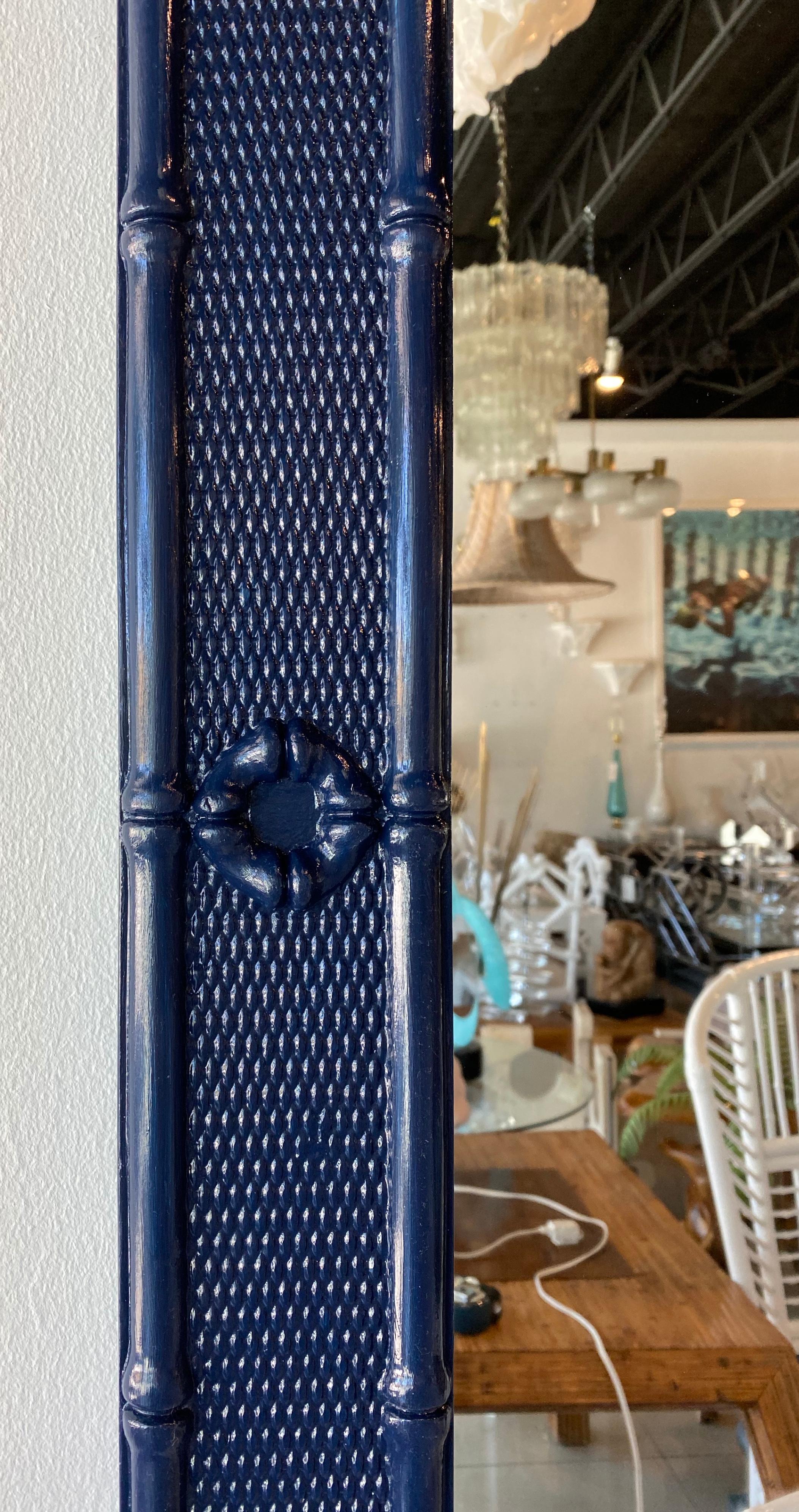 Vintage Pair of Palm Beach Faux Bamboo Navy Blue Lacquered Wall Mirrors In Good Condition In West Palm Beach, FL