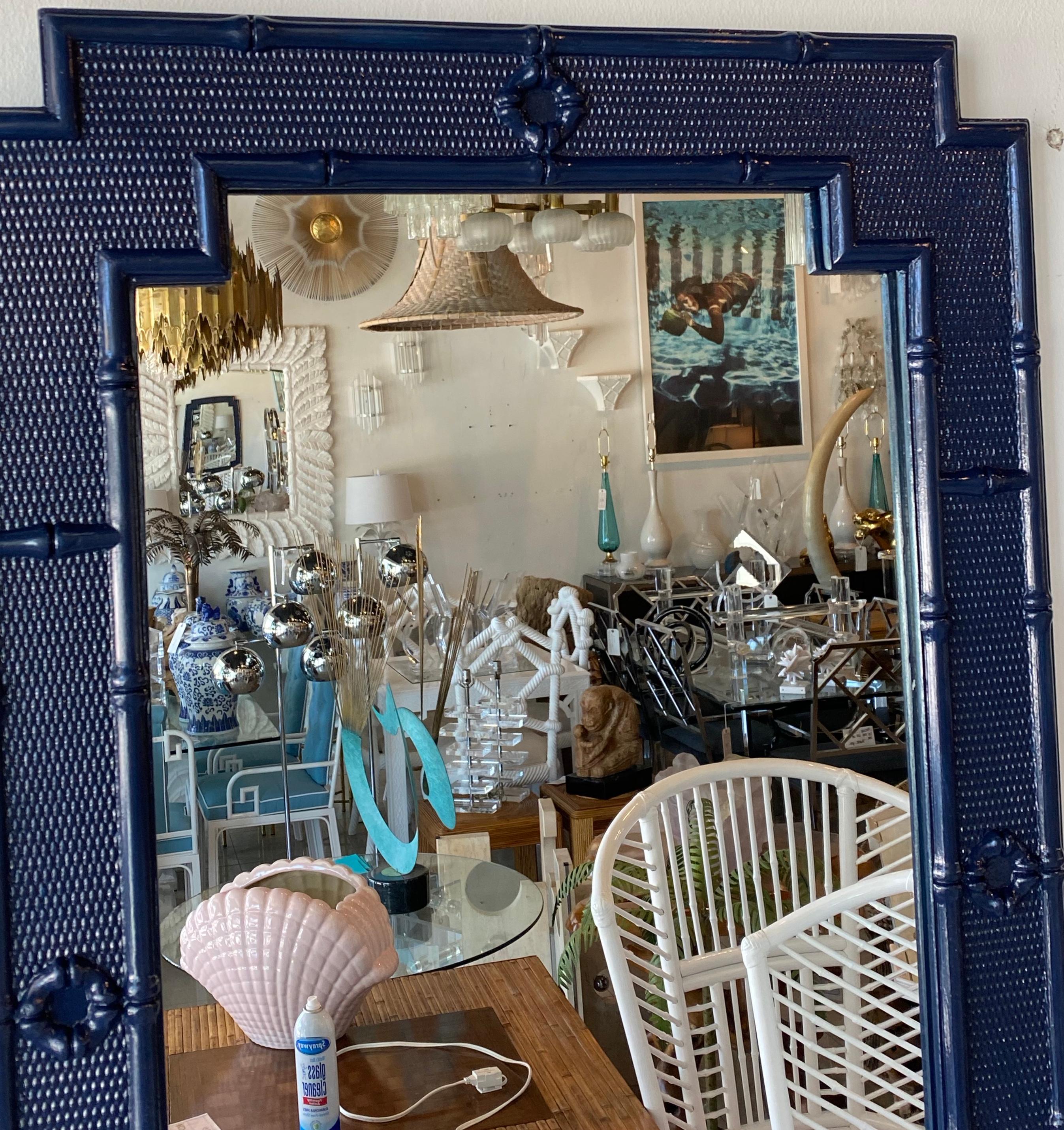 Late 20th Century Vintage Pair of Palm Beach Faux Bamboo Navy Blue Lacquered Wall Mirrors