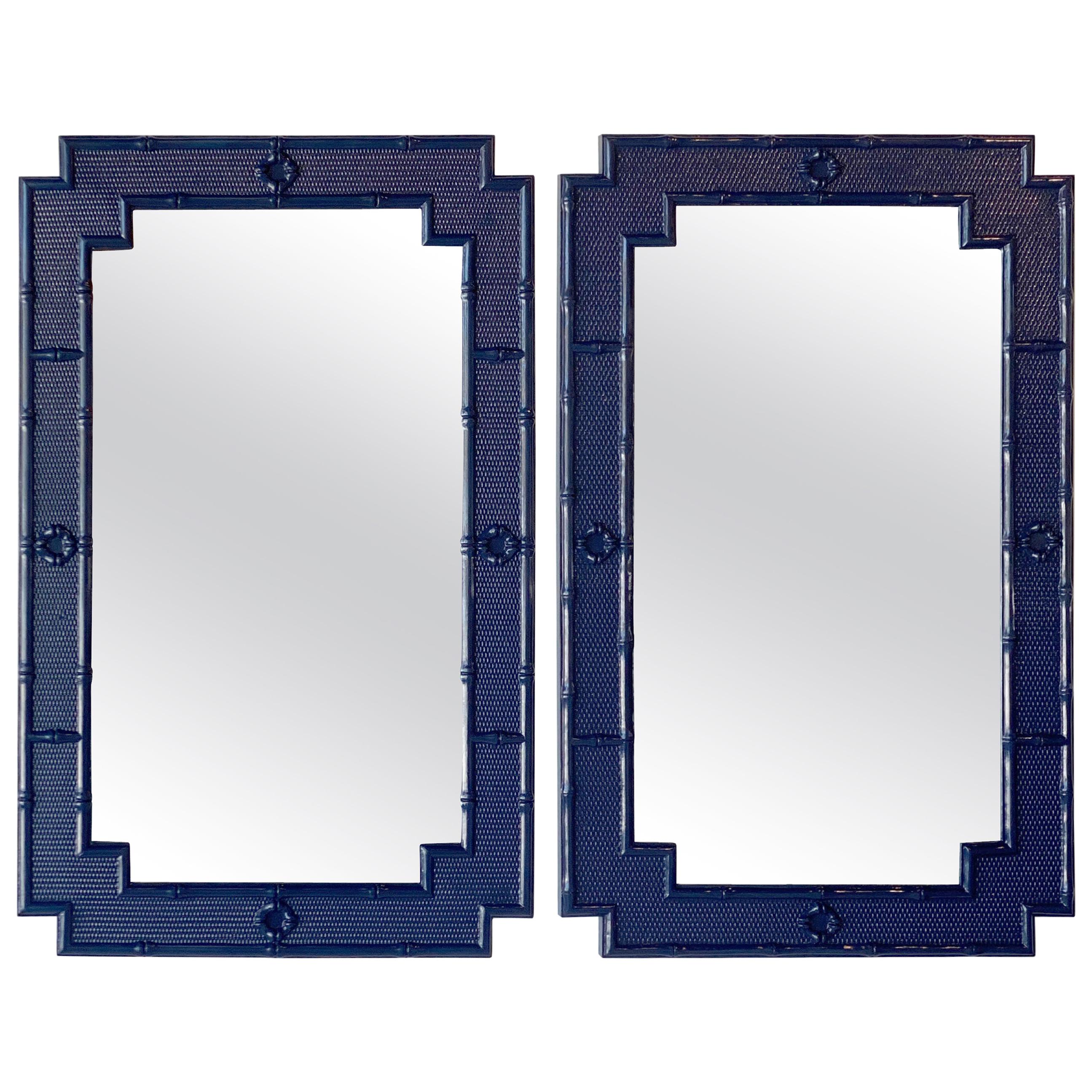 Vintage Pair of Palm Beach Faux Bamboo Navy Blue Lacquered Wall Mirrors