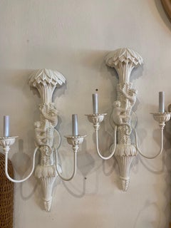 Vintage Pair of Palm Beach Monkey Palm Tree Frond Wall Light Sconces Lacquered