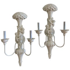 Vintage Pair of Palm Beach Monkey Palm Tree Frond Wall Light Sconces Lacquered