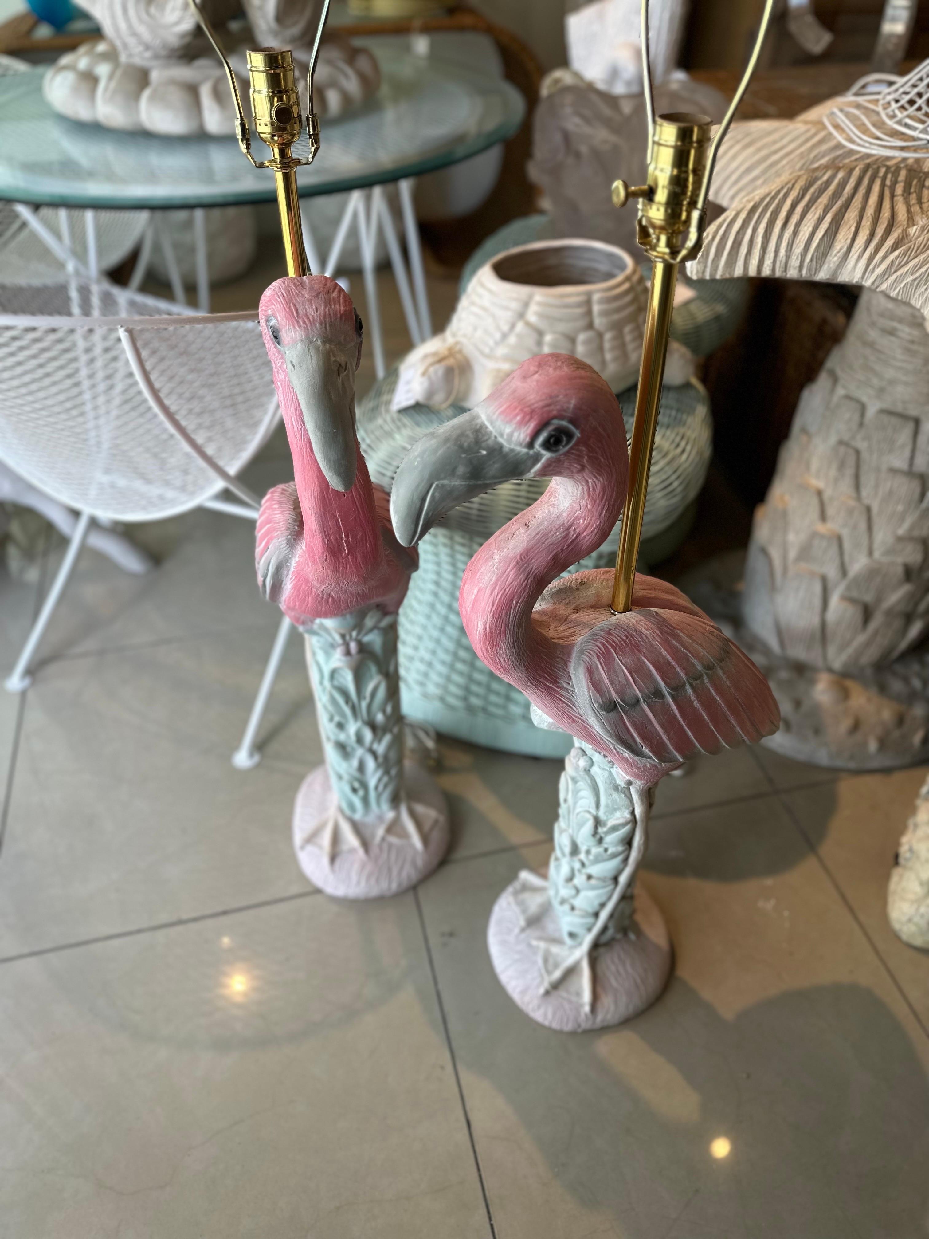 Vintage Pair of Palm Beach Pink Plaster Flamingo Bird Table Lamps Newly Wired 4