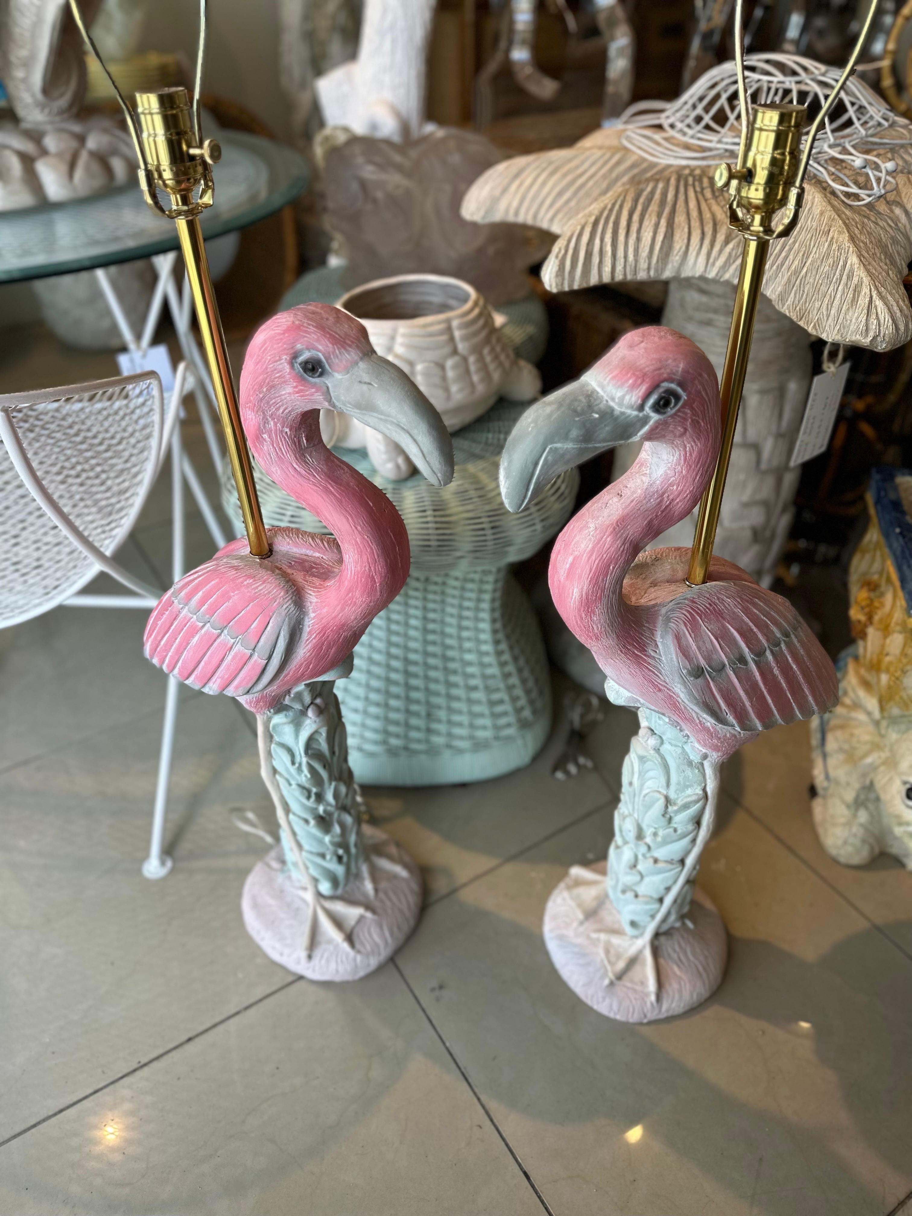 Vintage Pair of Palm Beach Pink Plaster Flamingo Bird Table Lamps Newly Wired 6
