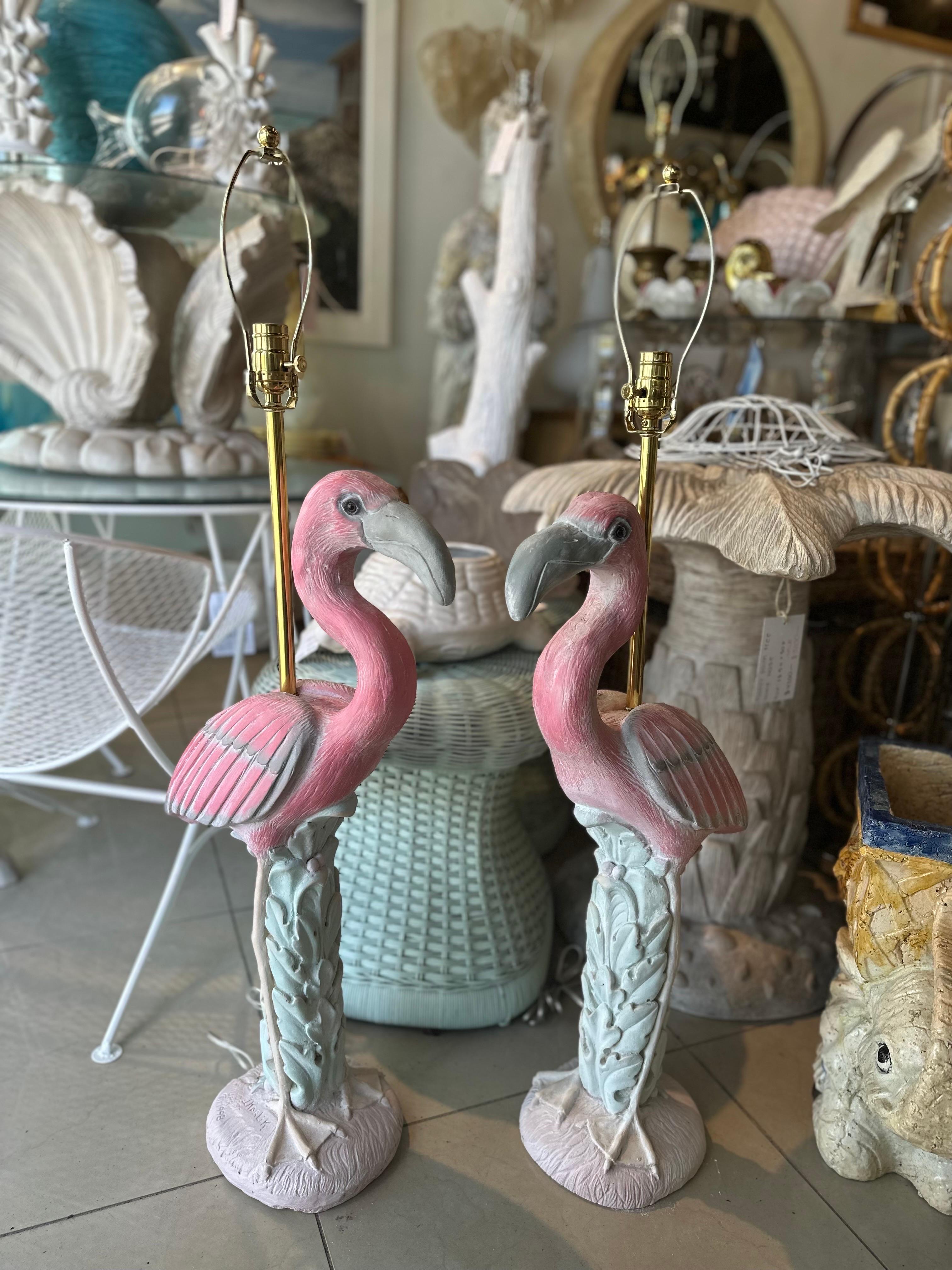 Vintage Pair of Palm Beach Pink Plaster Flamingo Bird Table Lamps Newly Wired 8