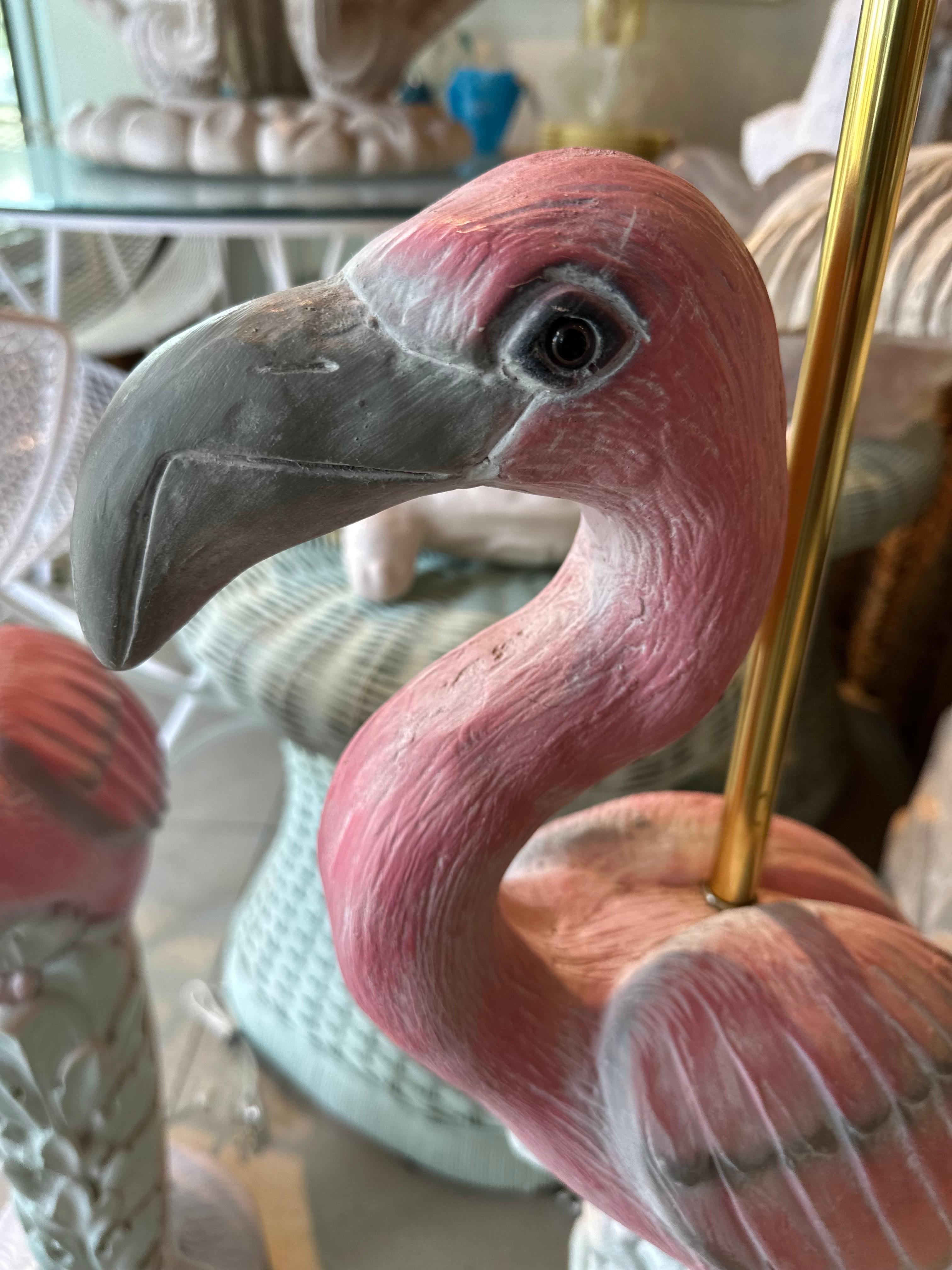 Hollywood Regency Vintage Pair of Palm Beach Pink Plaster Flamingo Bird Table Lamps Newly Wired
