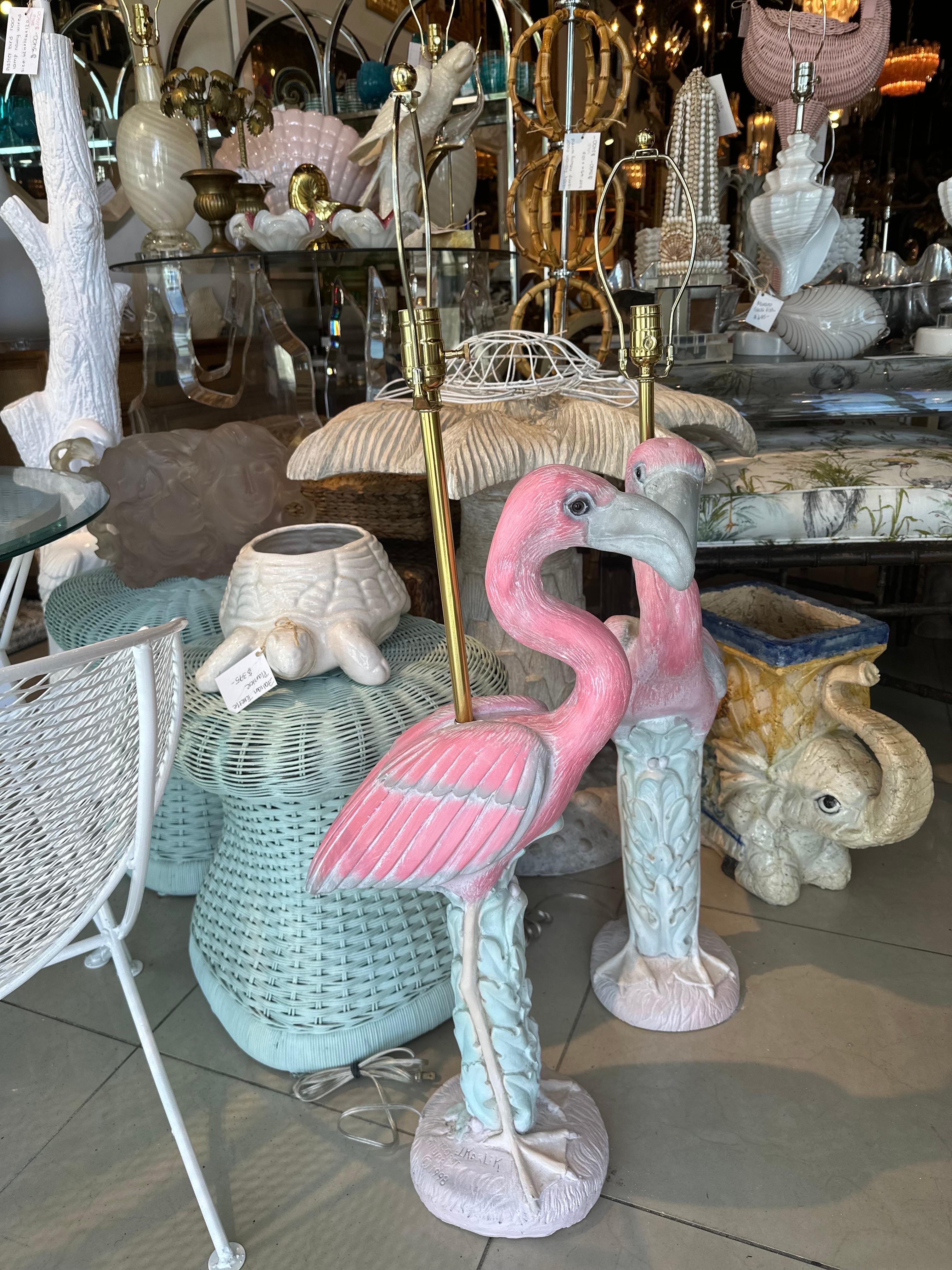 American Vintage Pair of Palm Beach Pink Plaster Flamingo Bird Table Lamps Newly Wired